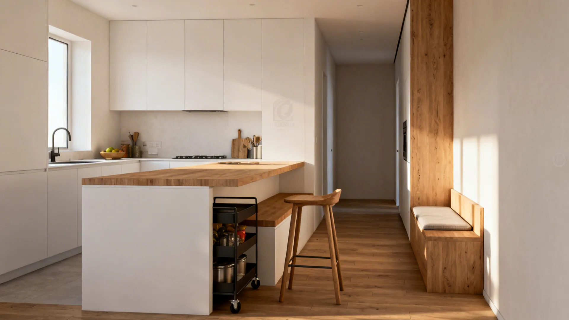 Narrow island with multi-height surfaces and a rolling cart tucked away in a compact kitchen.