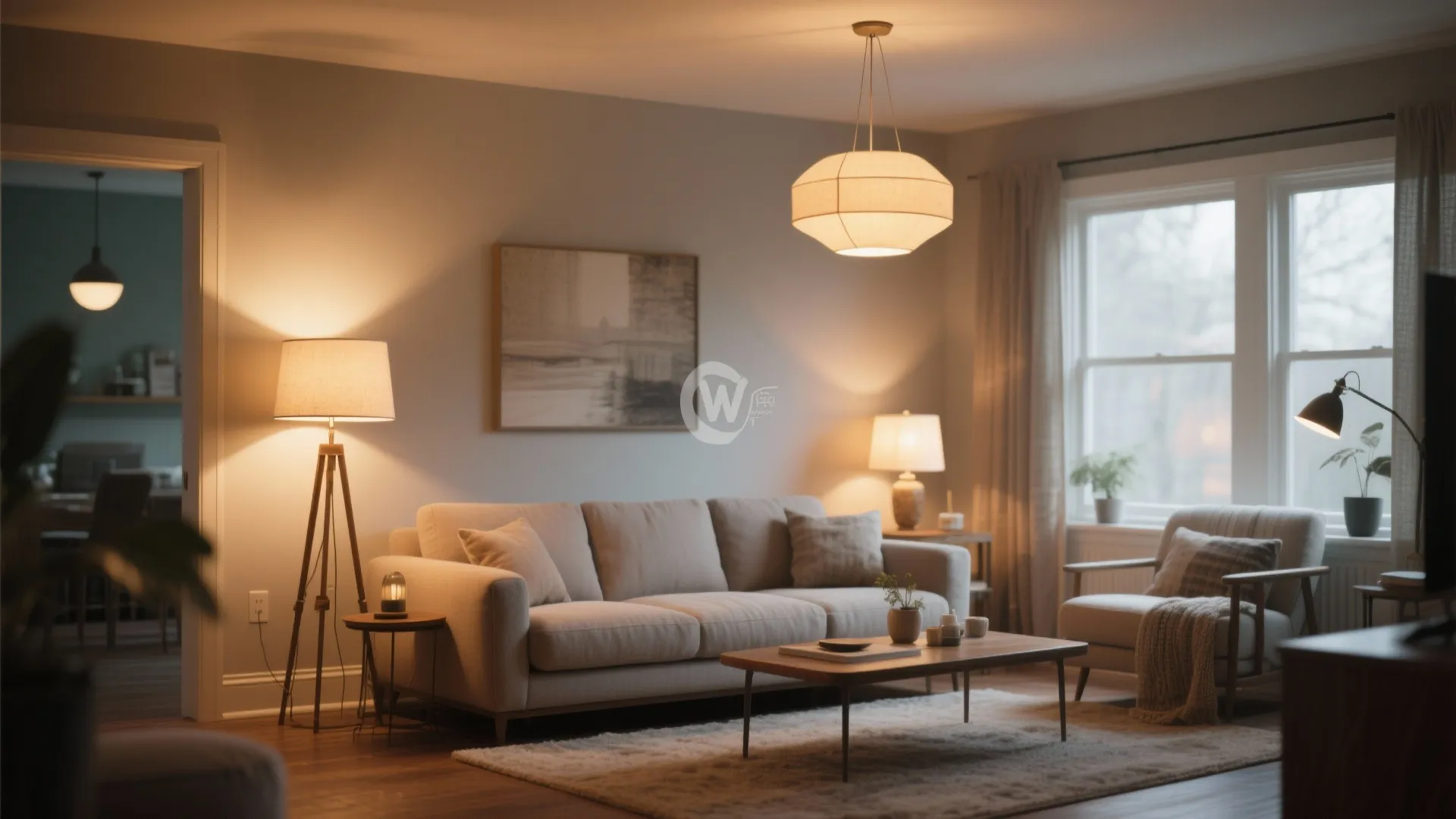 Warm living room with grey sofa wooden coffee table floor lamp ceiling light and natural light