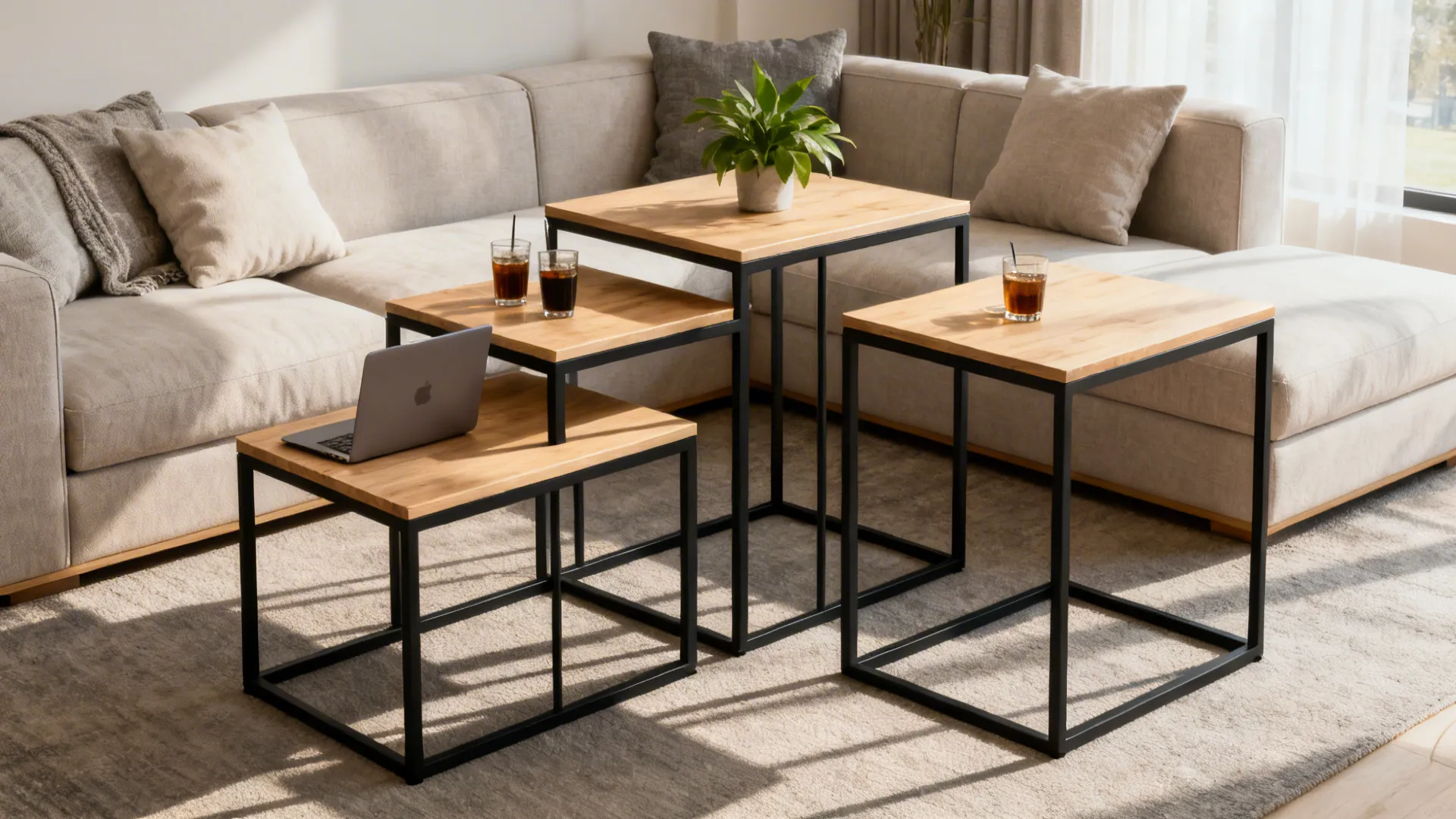 Multi-height modular 4-piece table set arranged around a sectional, showing layering and rhythm