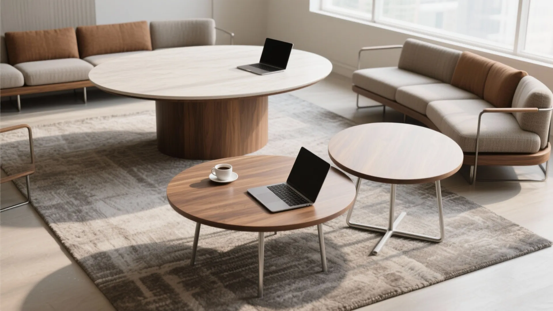 Pairing of low and taller oval coffee tables creating separate coffee and work zones in a small living area.