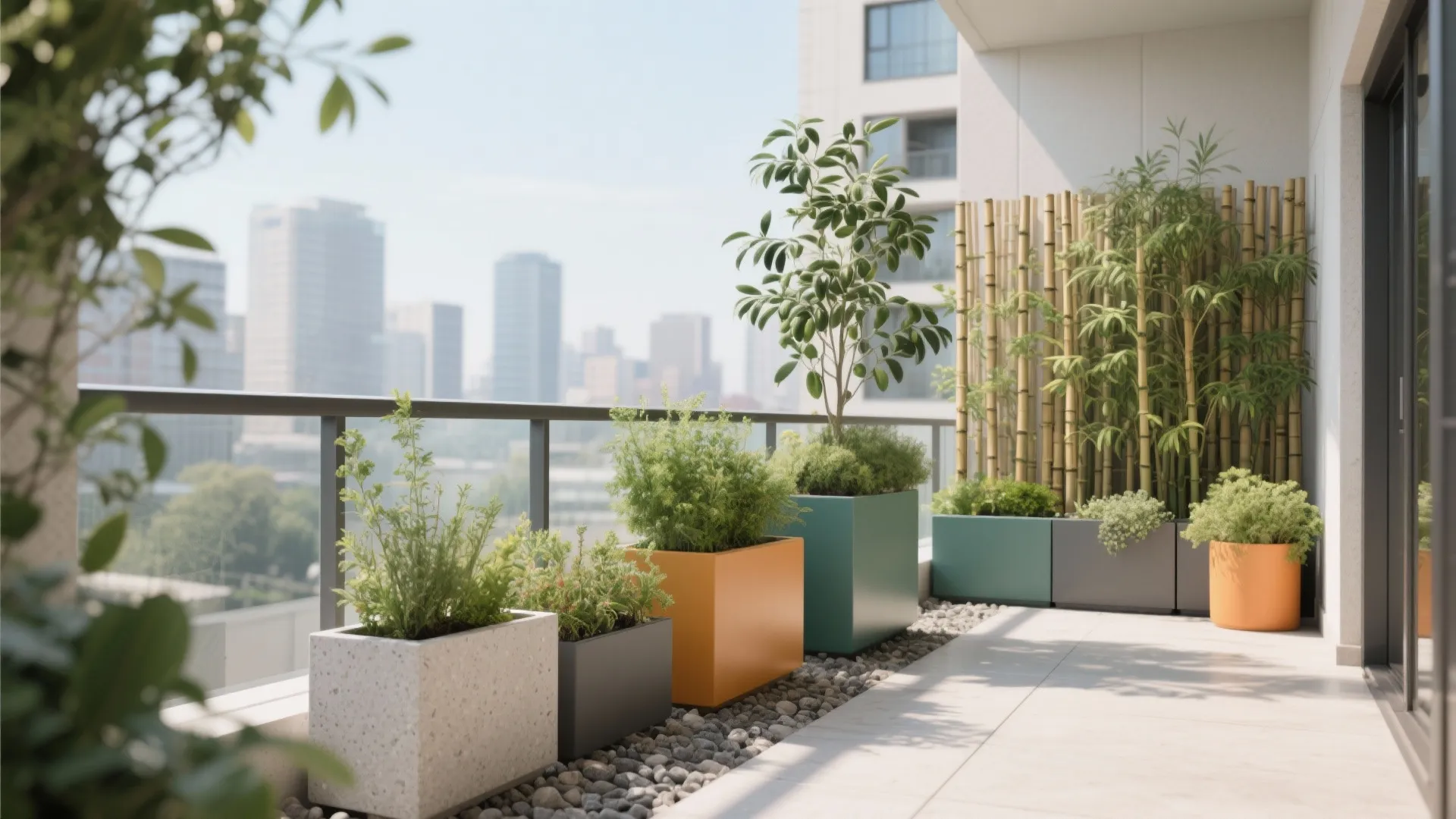 Modern balcony with colorful plant pots, bamboo fence, small trees, and a city view background