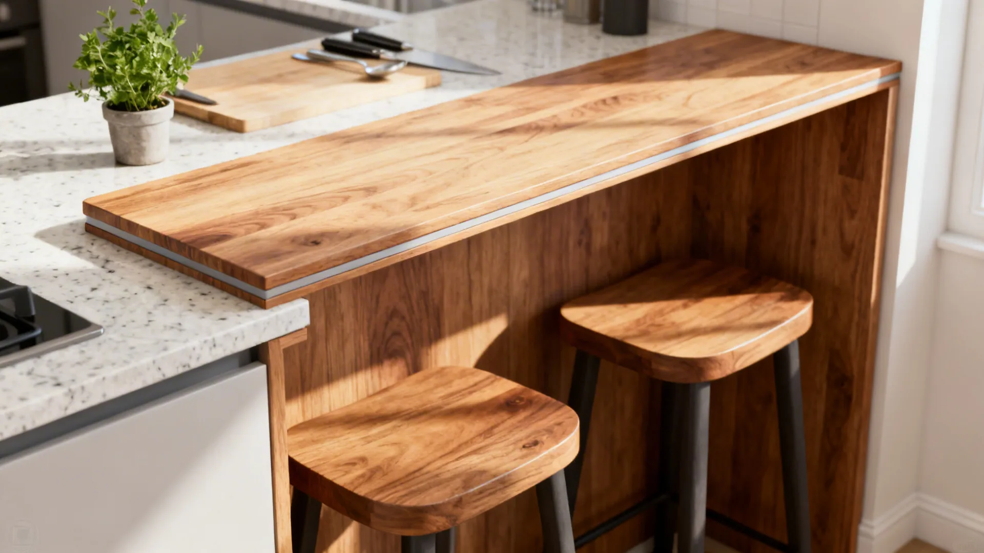 Close-up of a slim multi-height prep counter transitioning to a lower seating nook in a small kitchen
