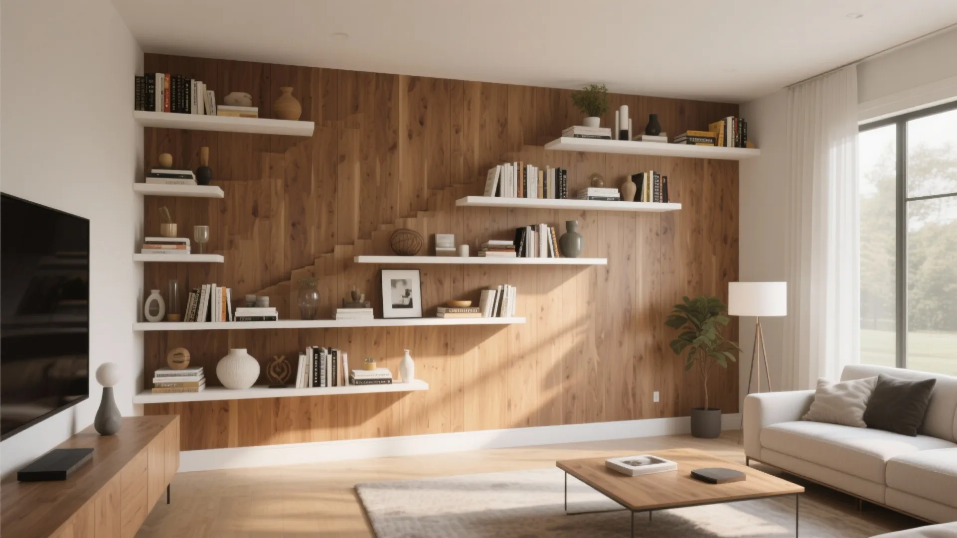 Living room with wood wall panel white floating shelves books sofa and natural light from window