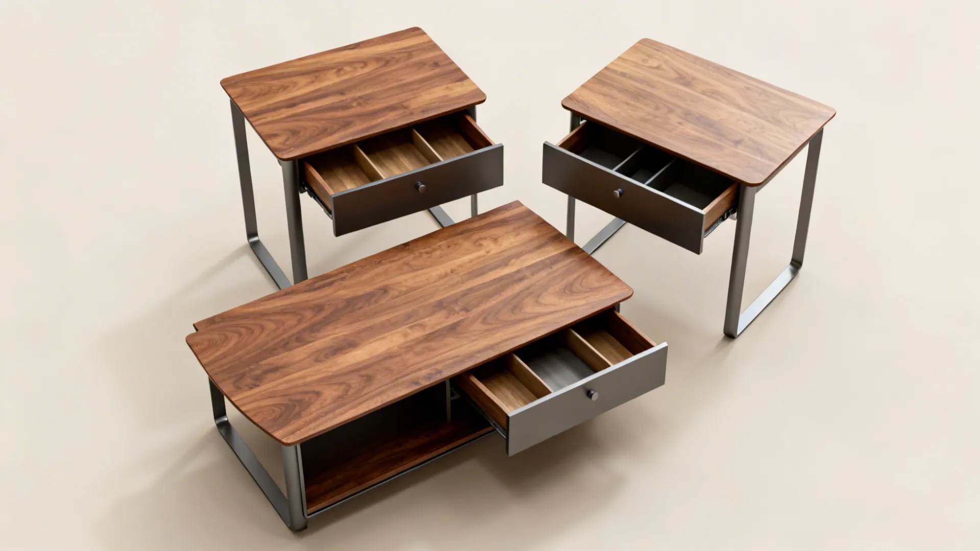Multi-height three-piece table set with lift-top coffee table and side table drawer shown in top-down layout