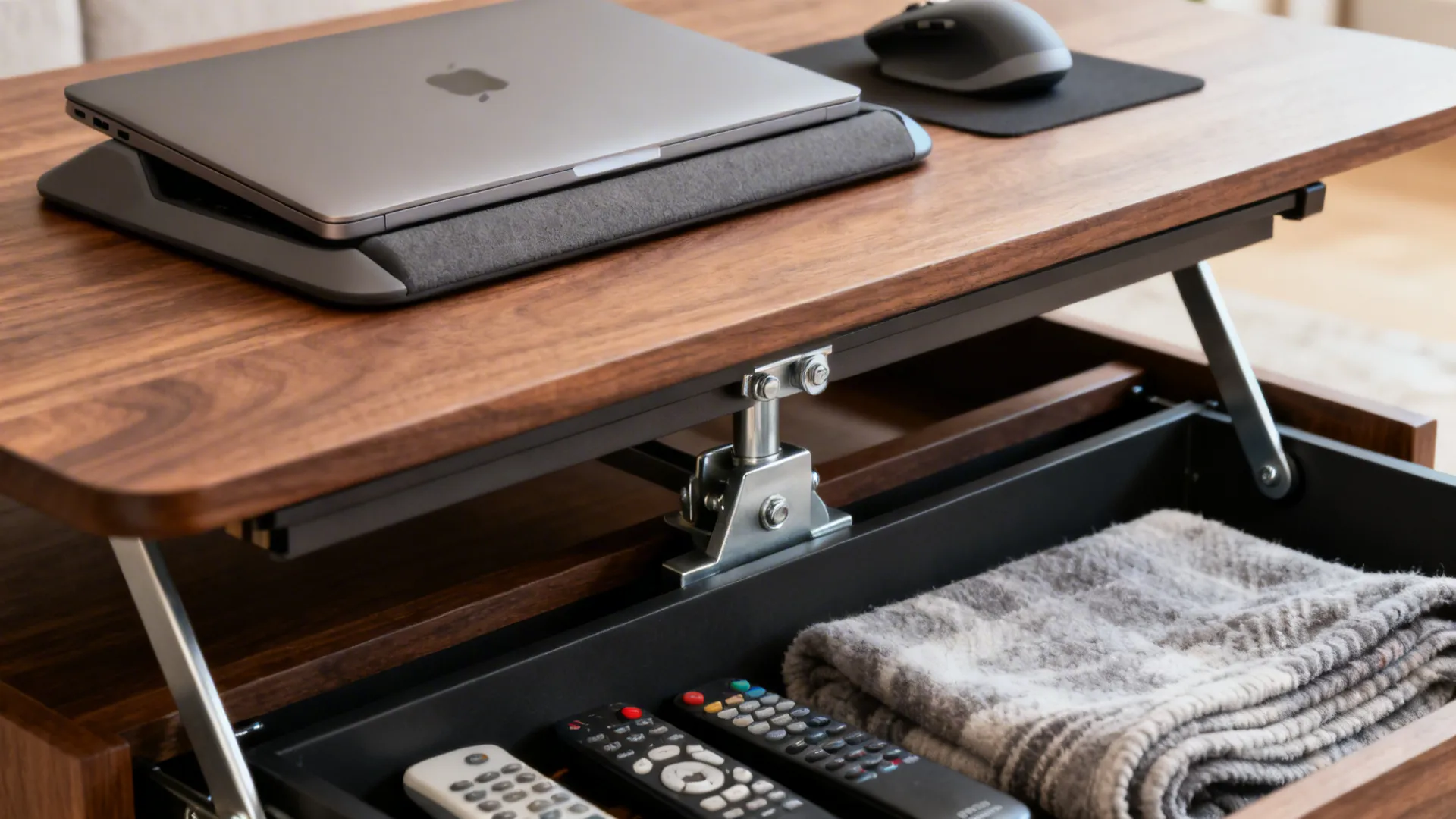 Wood lift top coffee table with laptop on top and remote controls in storage space