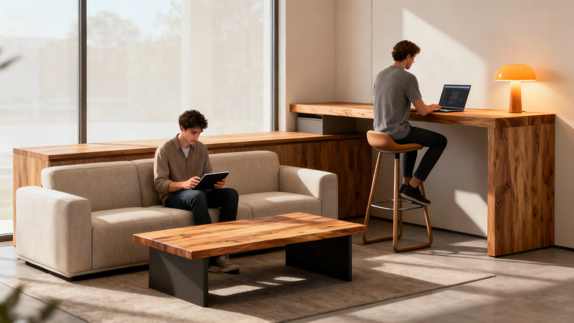 Two men working in modern room with beige sofa coffee table and high wooden desk