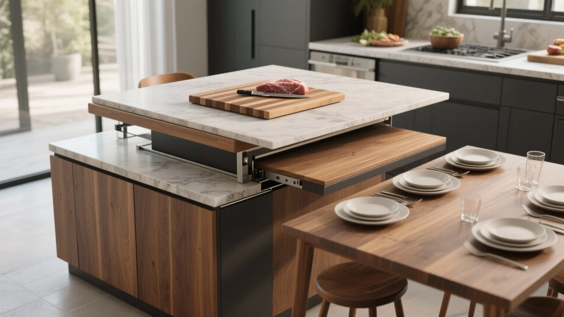 5. Multi-height square table that doubles as prep island