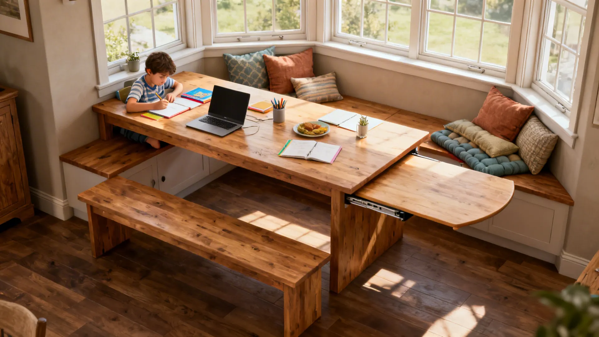 Bay window with multi-height table showing dining and lower bench-level workspace zones.