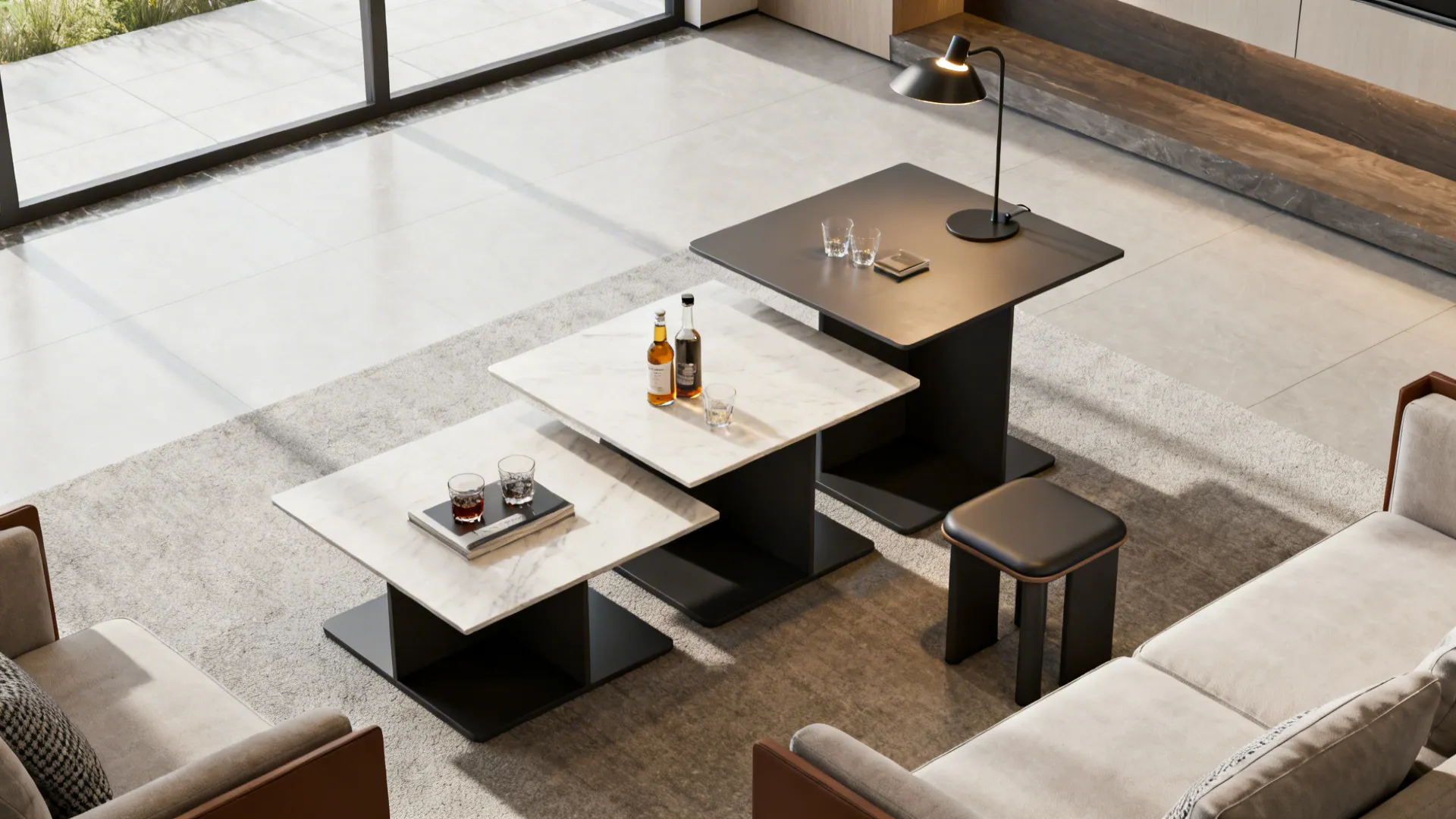 Top-down layout of staggered-height tables showing zones for drinks, lighting, and decor in a living room.