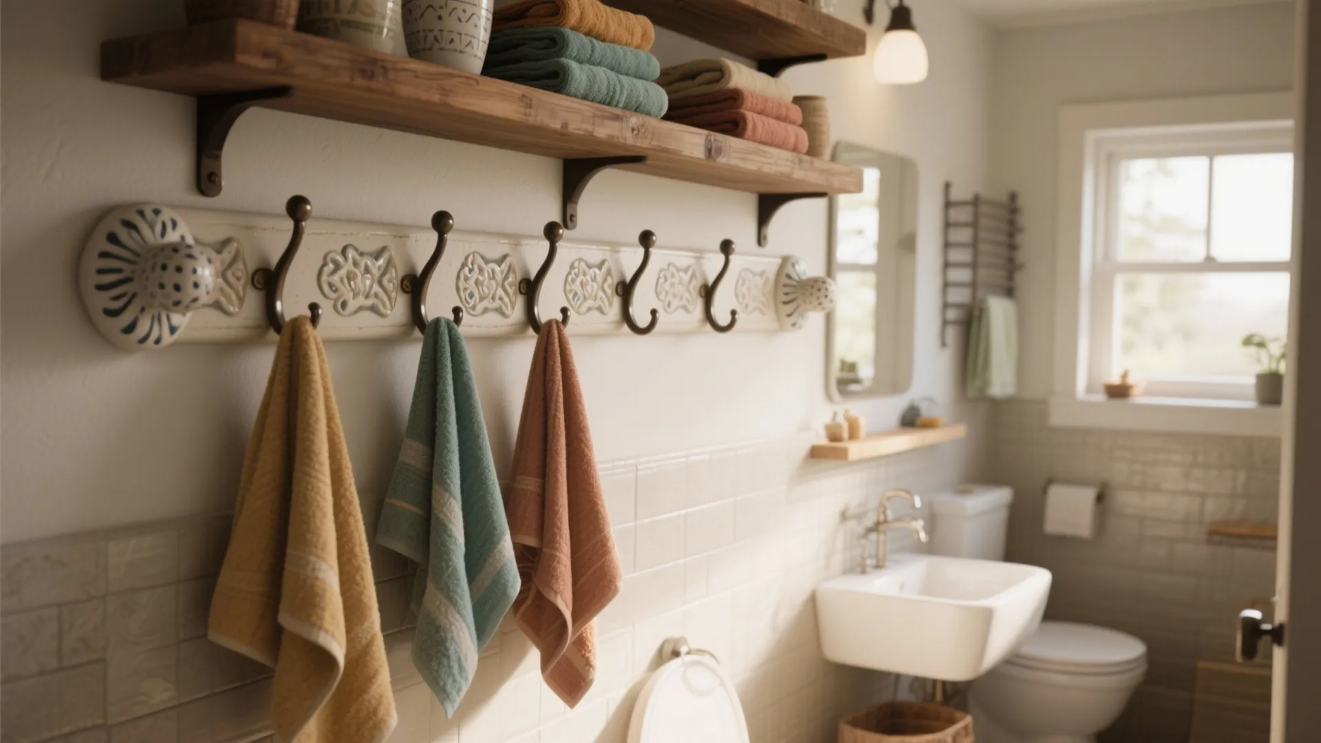 Family bathroom with decorative multi-hook wall bar and ceramic ends