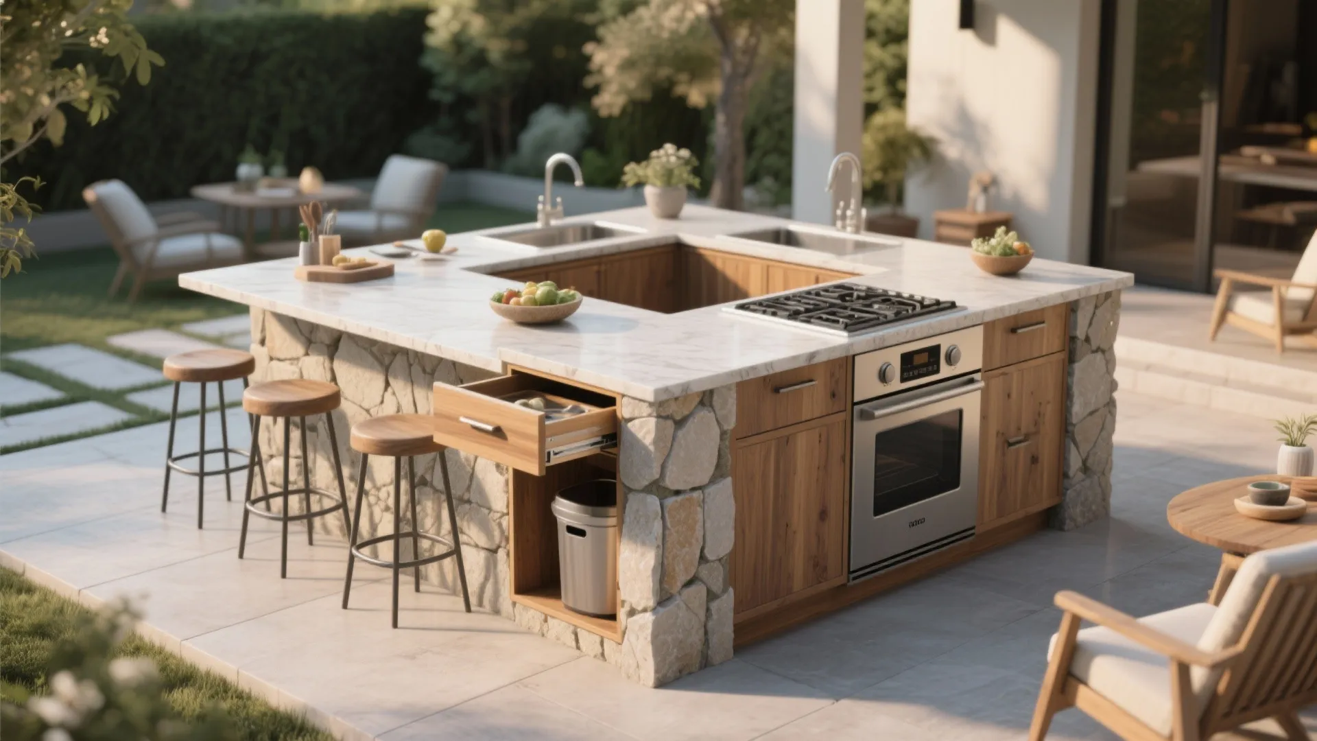 Outdoor stone kitchen island with marble top featuring double sinks stove oven and wooden stools