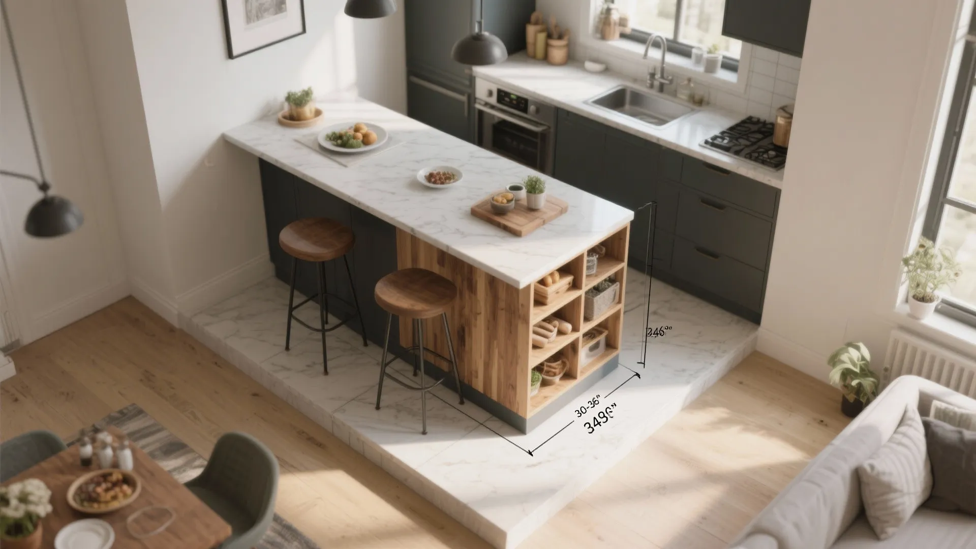 Modern kitchen island with marble top, wood shelving, two bar stools, and black ceiling lights