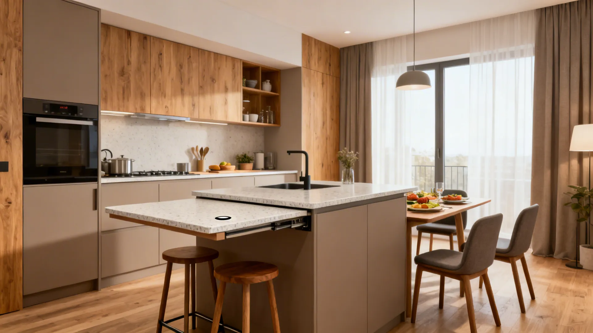 Multifunction islands and slide-away dining