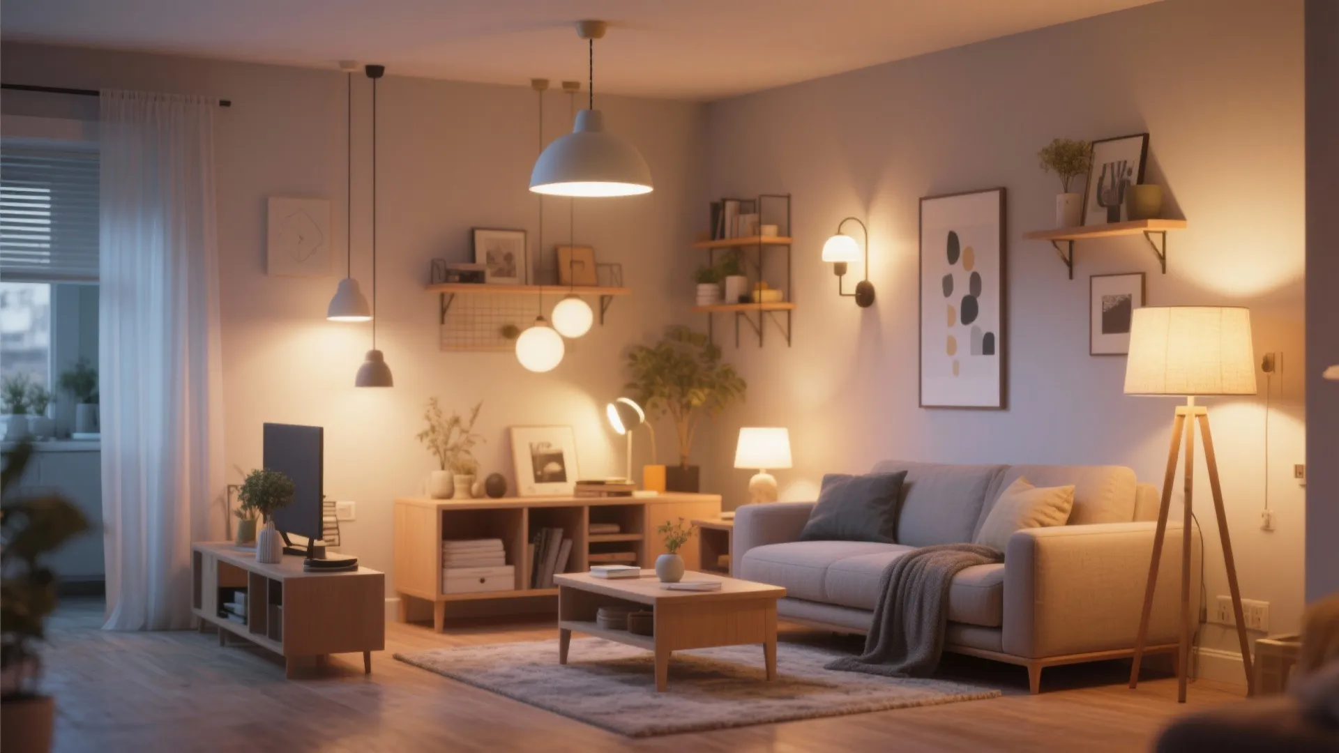 Modern living room featuring multiple ceiling lights floor lamps and wall lights for layered ambient lighting
