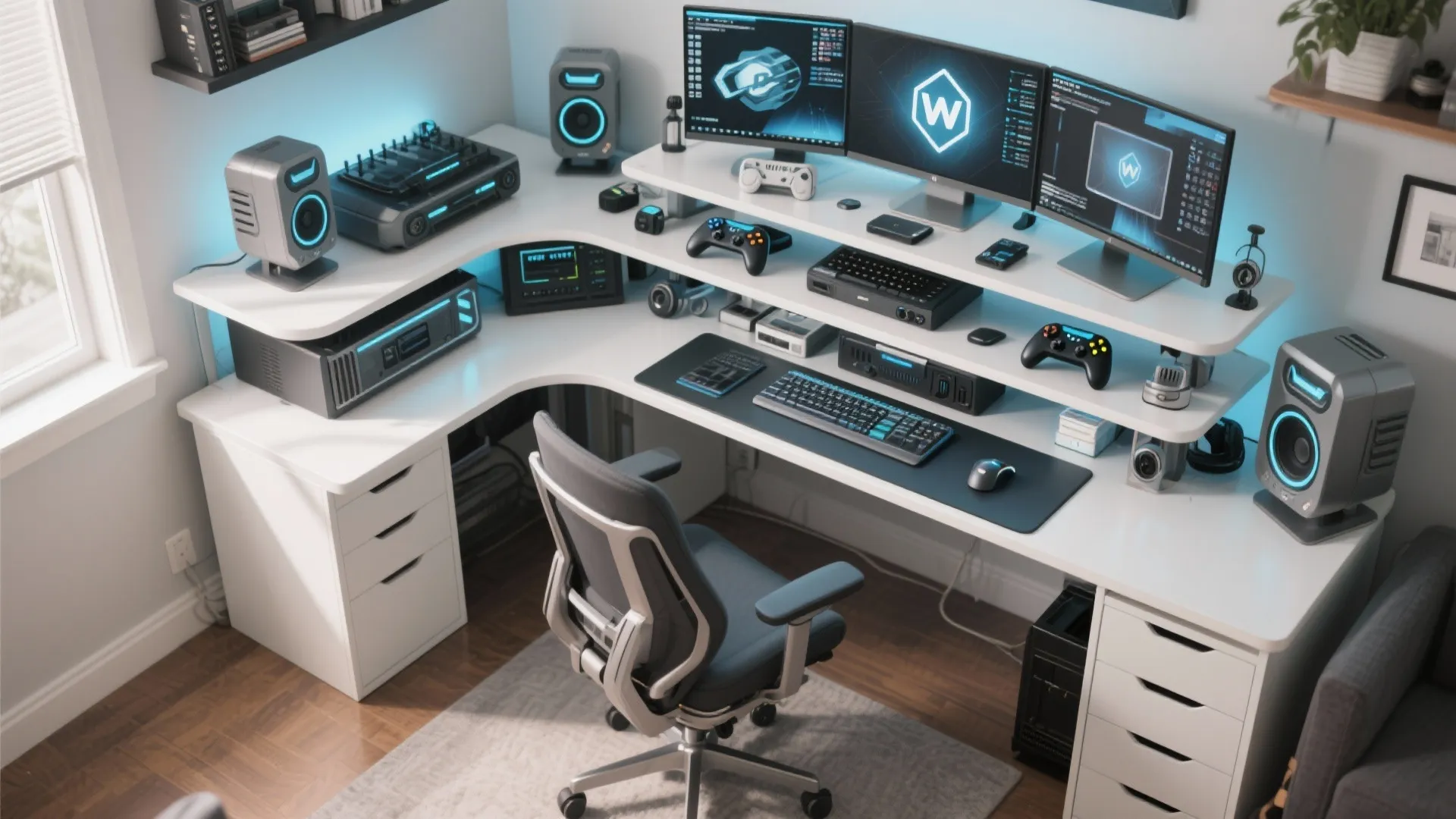 Modern white corner desk with multiple monitors speakers and grey office chair in bright room