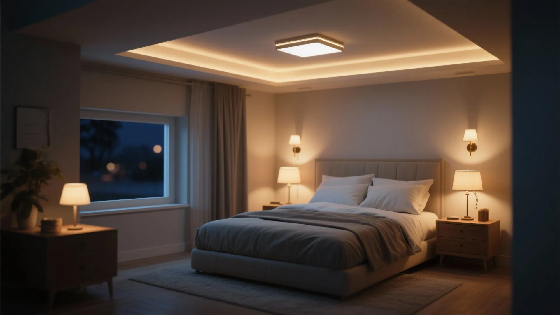 Warm bedroom lighting design featuring a square ceiling light table lamps and cozy wall light fixtures