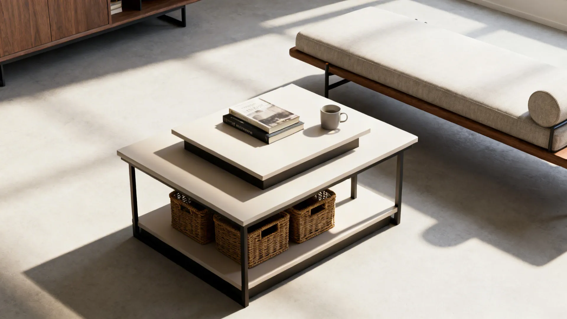 Multi-level rectangular table with staggered tiers used as a coffee-and-end table combo