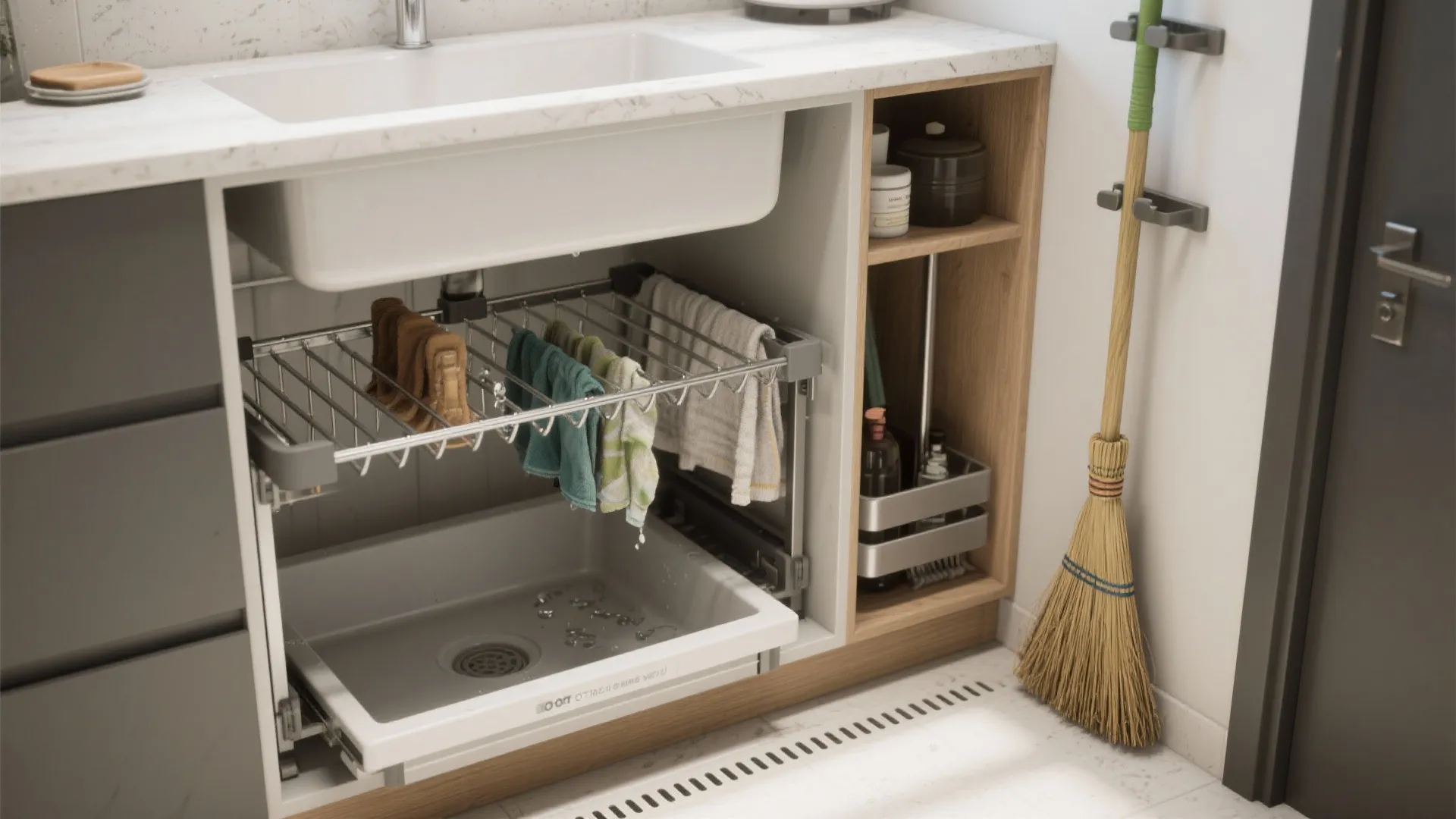 5. Multi-level sink bay with drying rack and mop storage