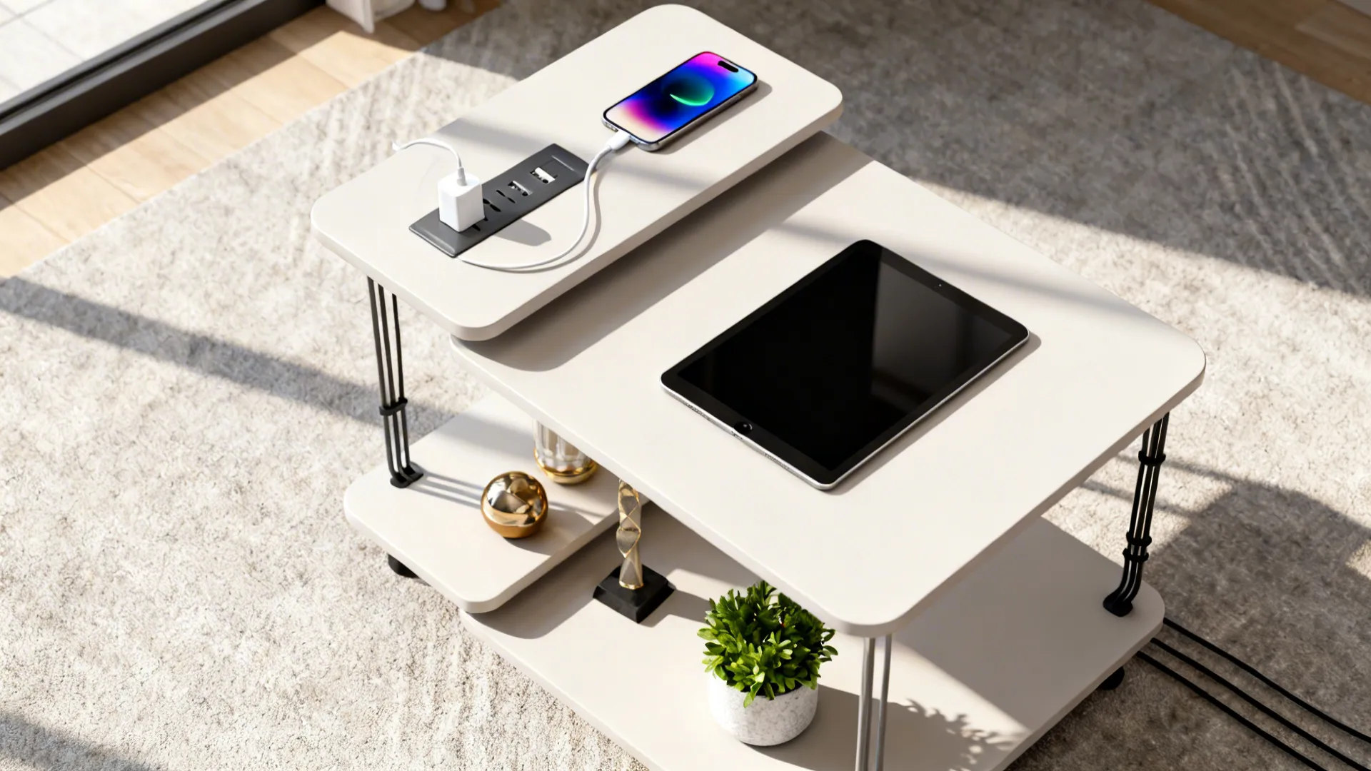 Top-down view of a multi-level side table with integrated USB port charging a phone and tablet.