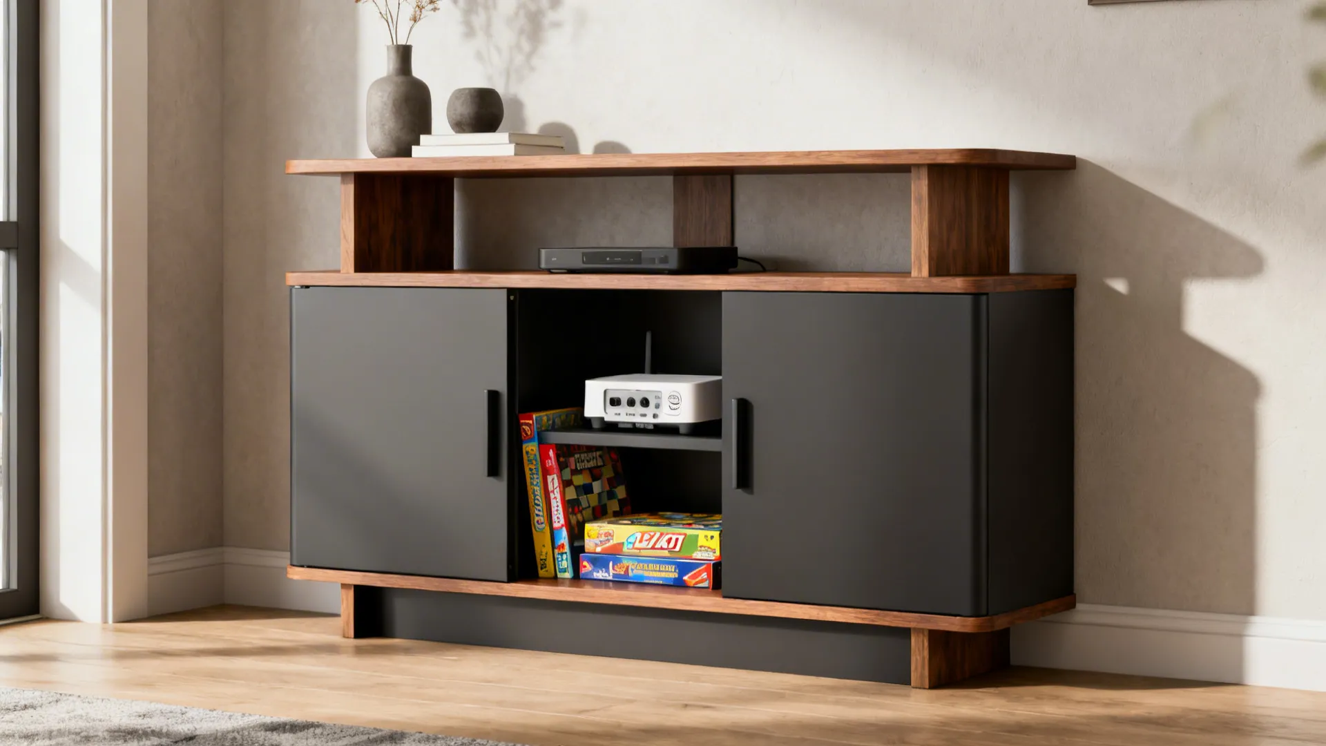 Multi-level console with open tiers and a closed cabinet storing games and electronics
