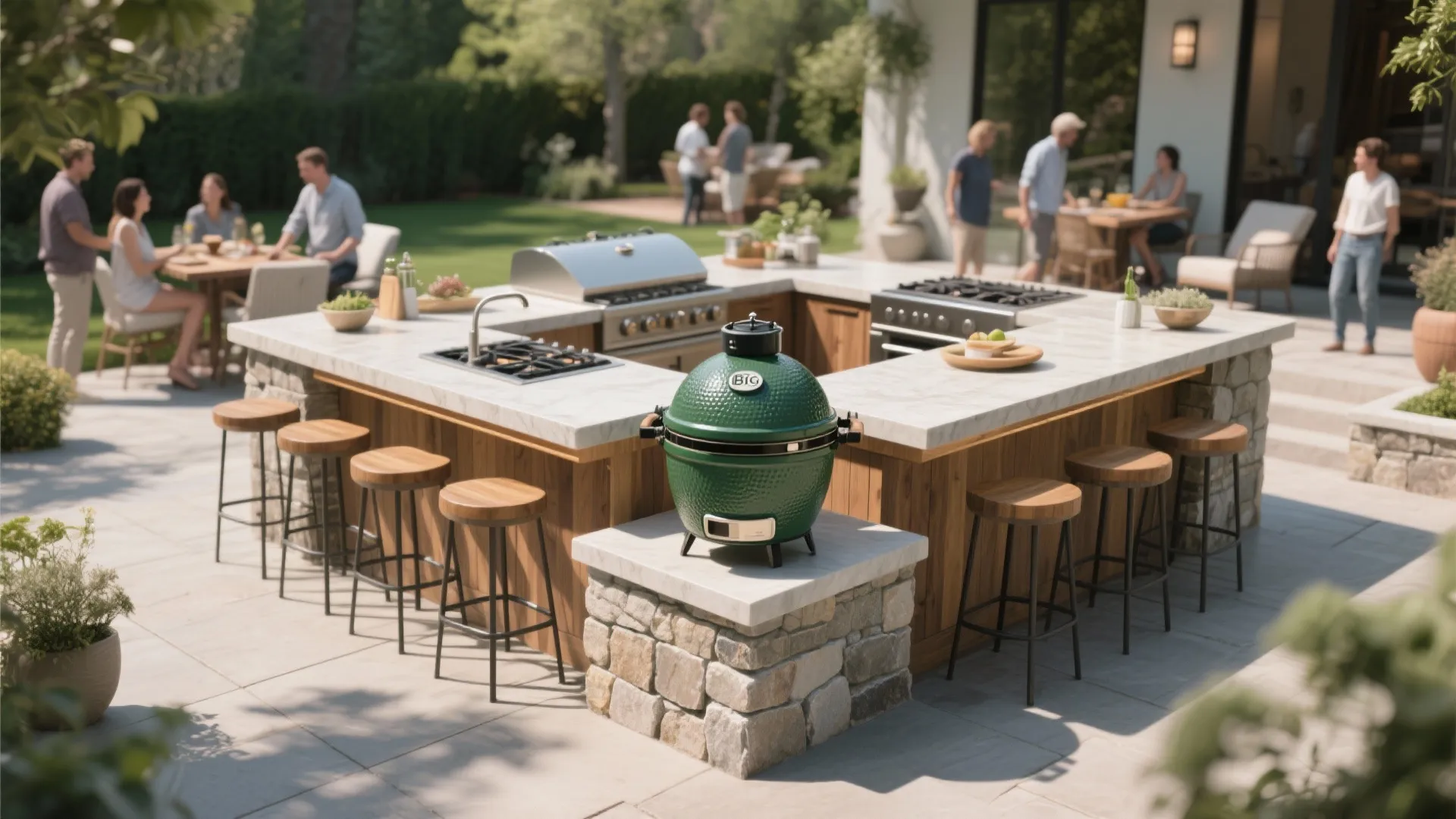 Outdoor kitchen with multi-level countertops and bar seating
