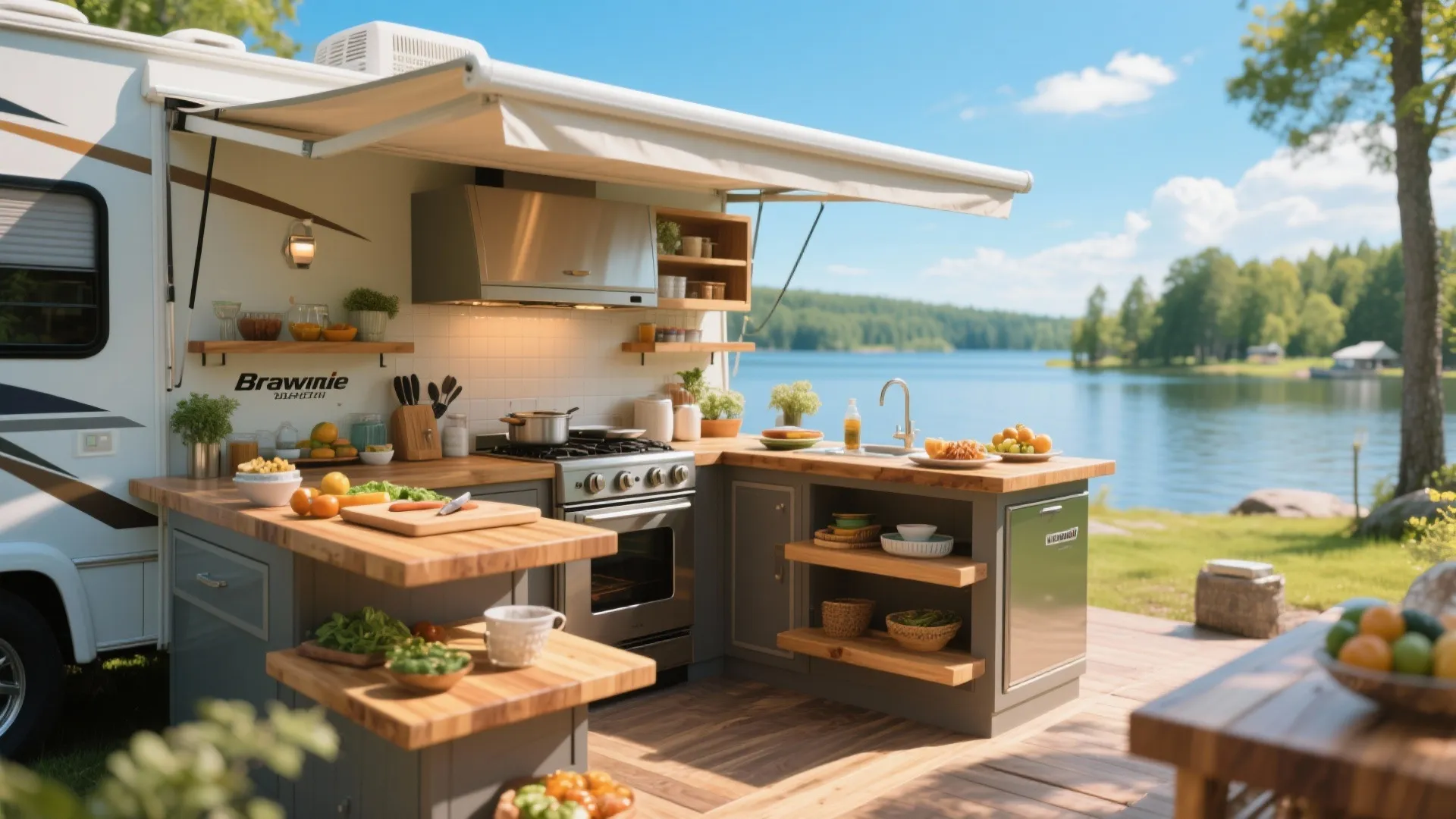 Exterior camper kitchen with wood counters plus stove and shelving next to a calm lake