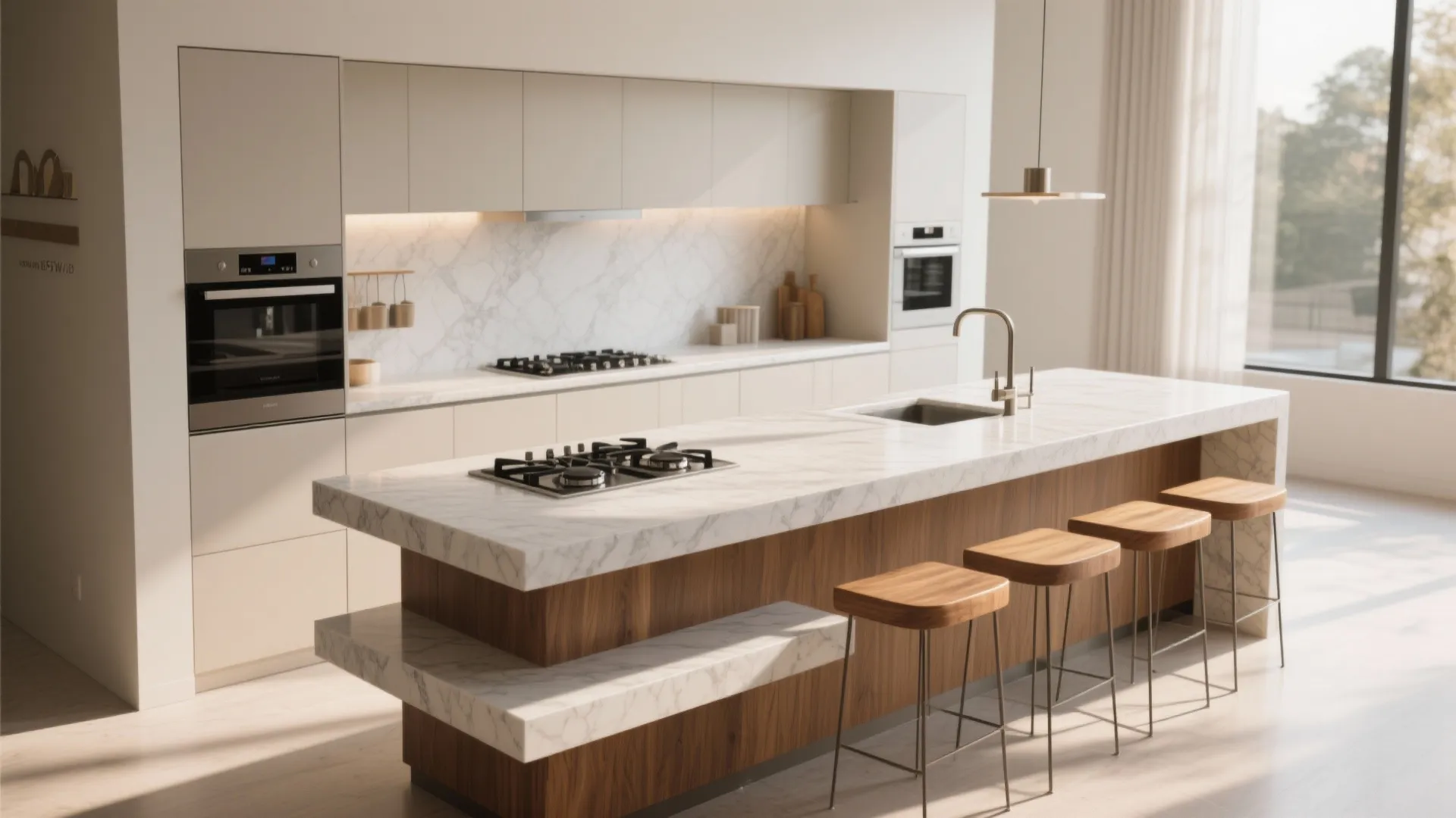 Wall-attached kitchen island with two-level countertops