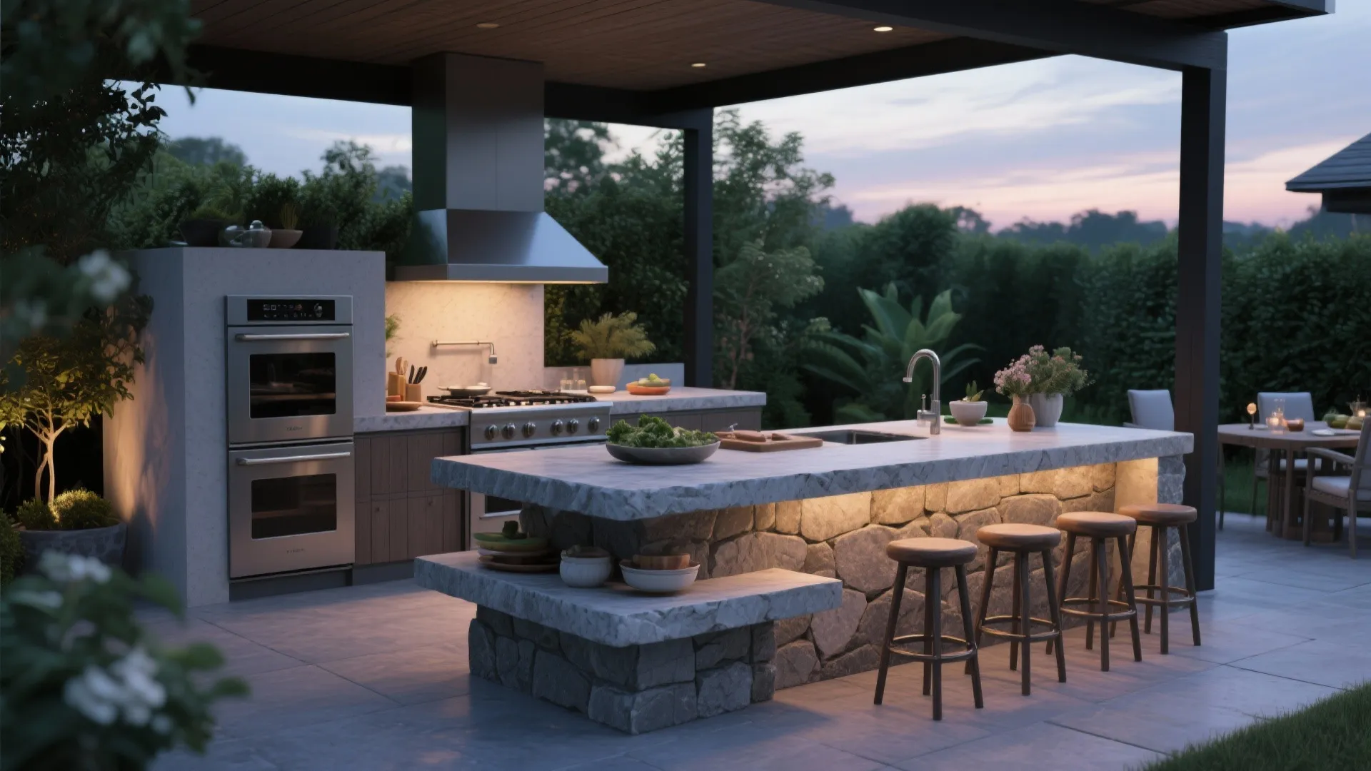Outdoor kitchen with three-tier countertops for cooking, prep, and dining