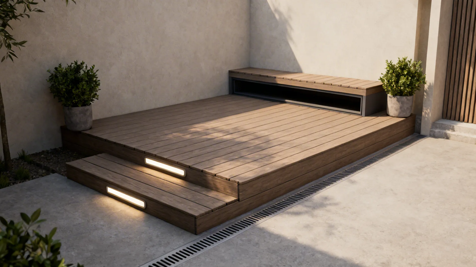 Small courtyard with multi-level composite deck step that doubles as seating and storage.