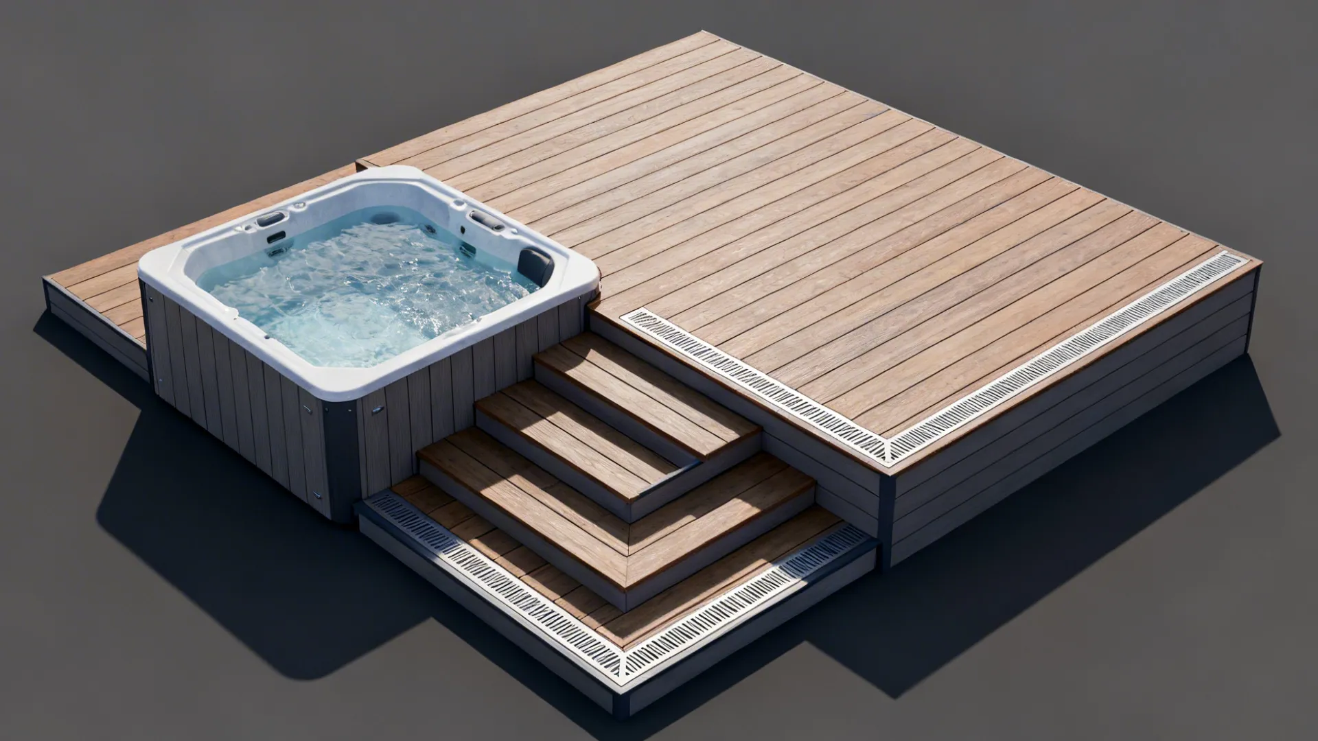Top-down view of multi-level decking separating hot tub zone from lounge area, showing steps and drainage detail.