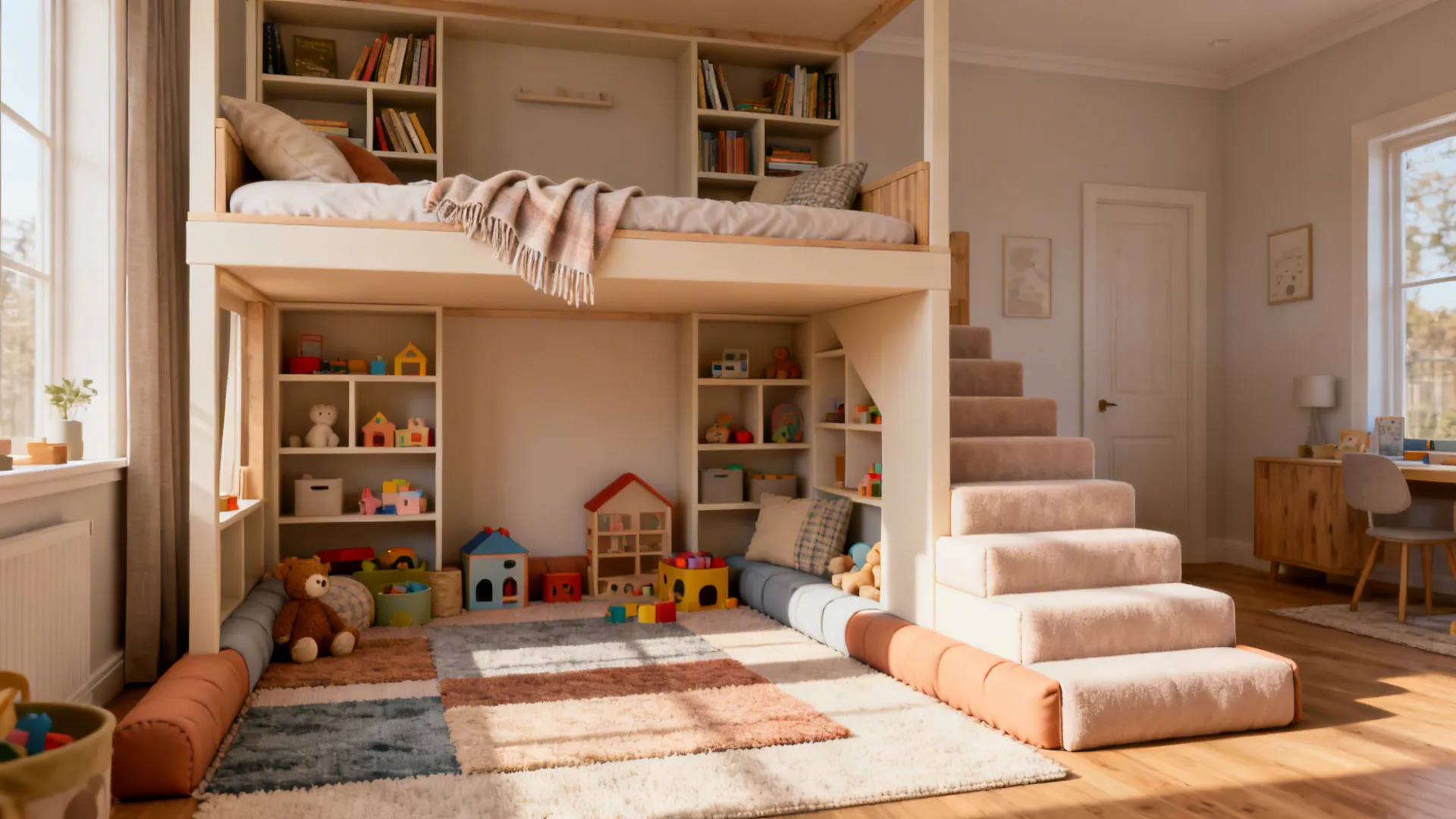 Multi-level fort using shelving and a daybed to create a reading loft above and a crawling den below with layered rugs.