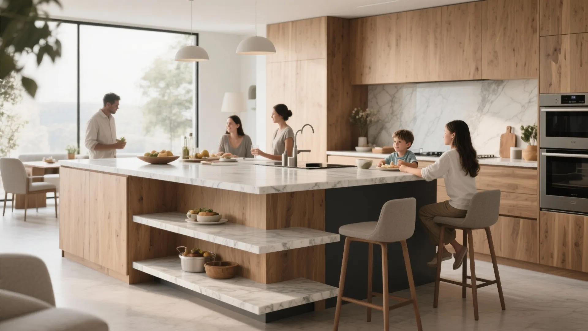 Modern wood kitchen island with marble top and tiered shelves for a large family home