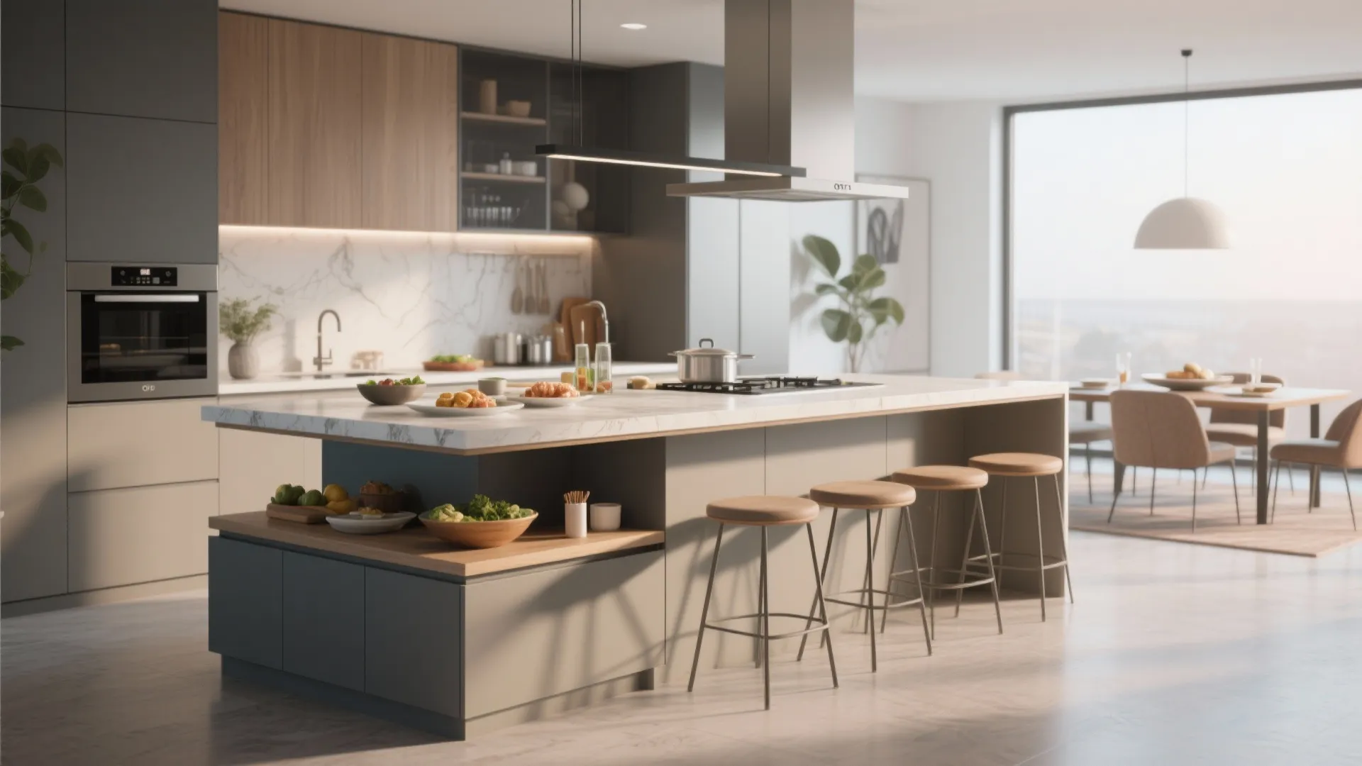 Modern kitchen with multi level marble island wooden shelf grey cabinets stools and a dining