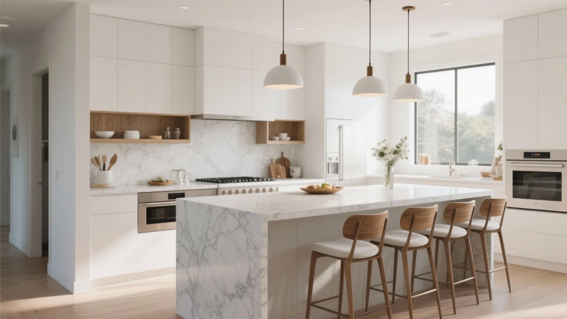 Multi-level kitchen island with dining and prep areas