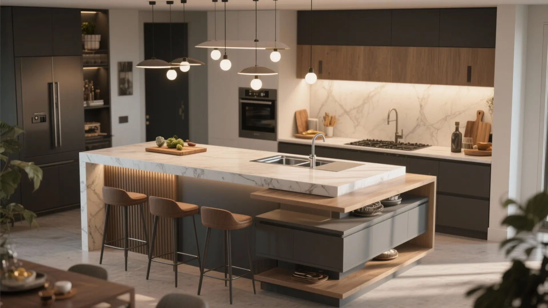 2. Multi-level island — zones for cooking and lounging