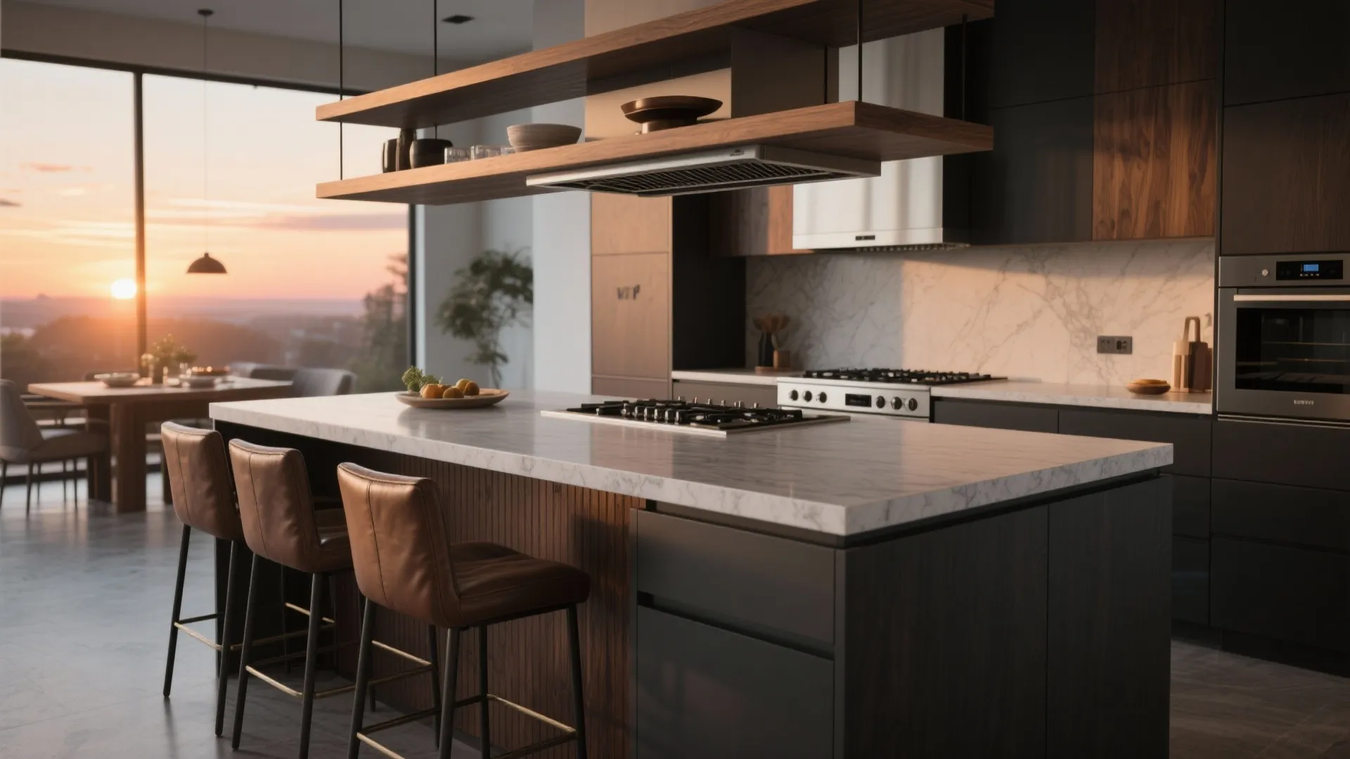 Modern kitchen with marble island leather bar stools wooden shelves and sunset view from large windows