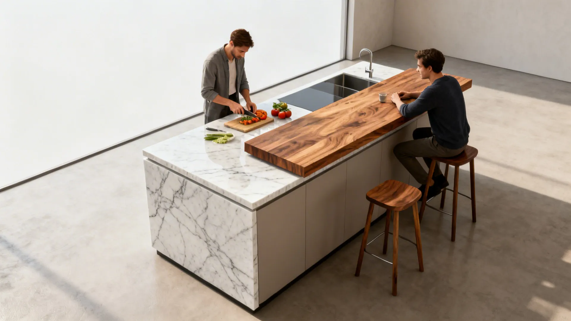 Multi-level compact island with lower prep top and raised bar showing two users.