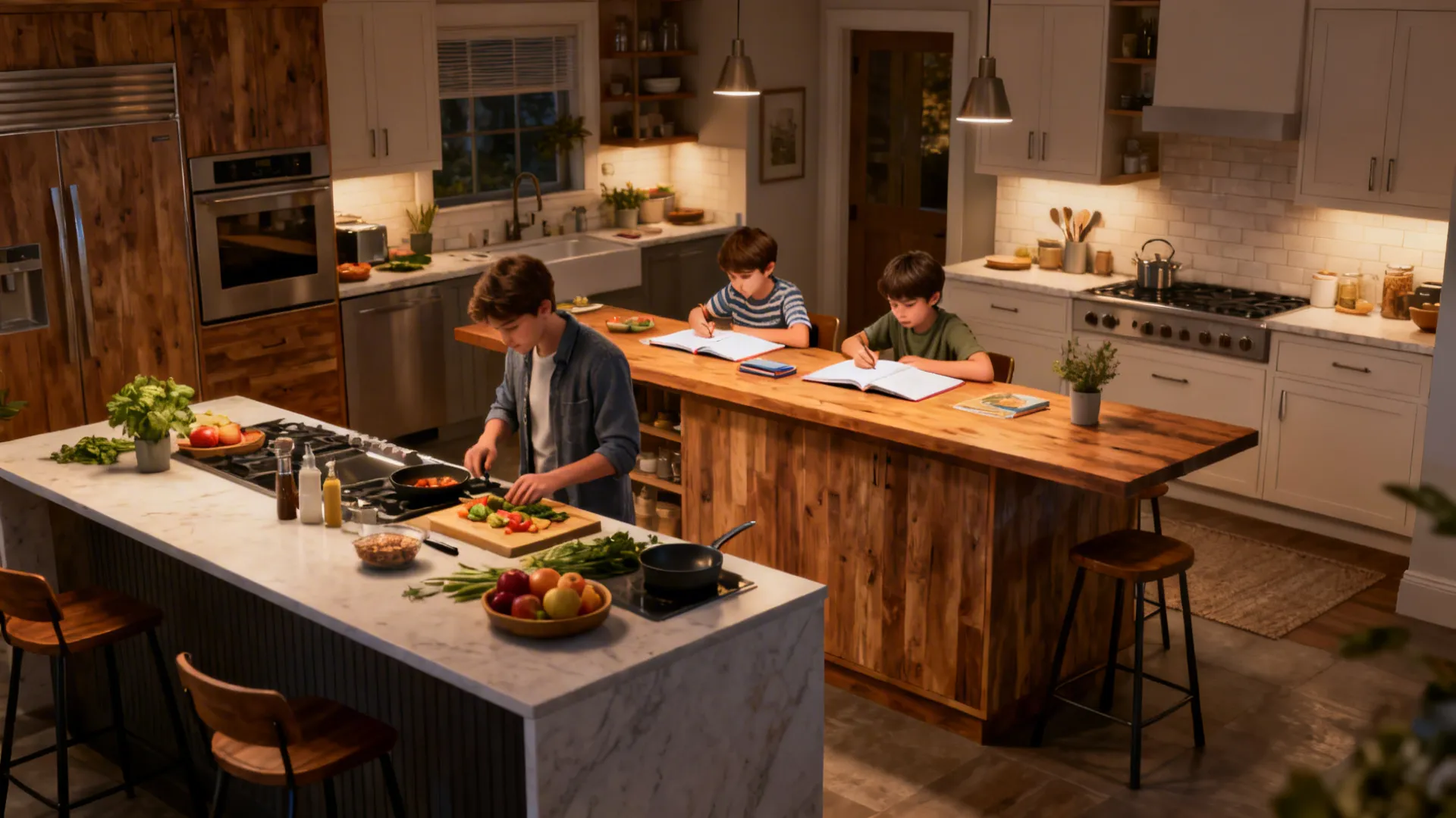 Large kitchen island with a man cooking while two children do homework on wood surface
