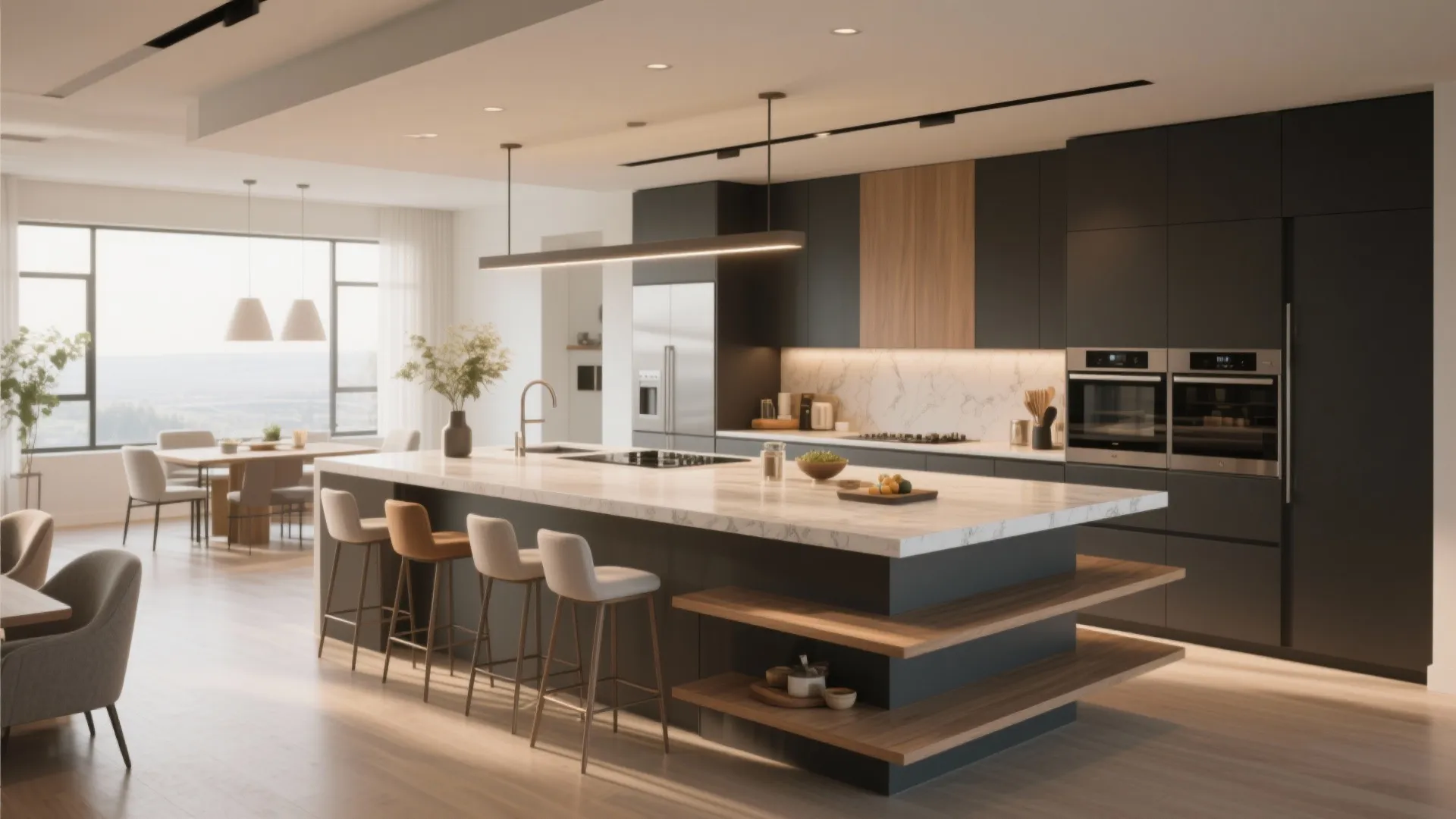 Spacious kitchen with large island featuring wood open shelves and white chairs plus dining area