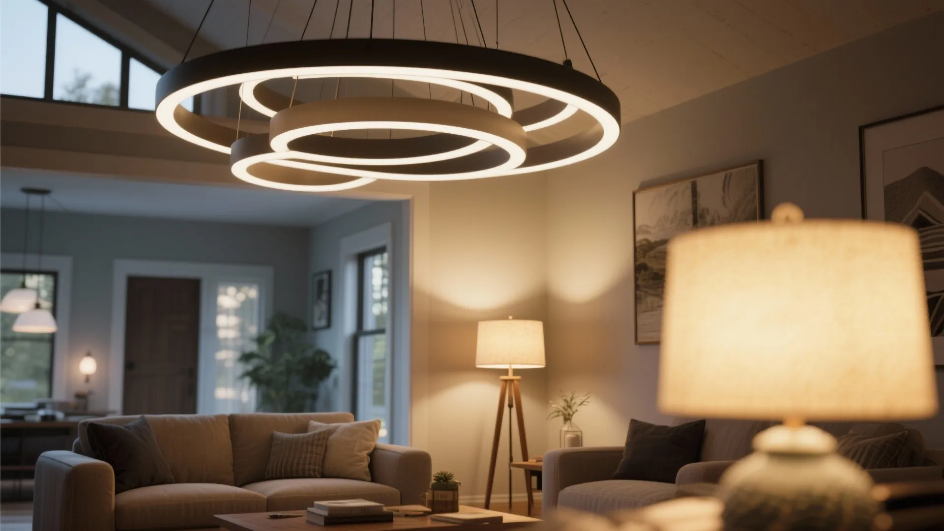 Modern living room with circular ceiling light plus tripod floor lamp and cozy grey fabric sofa