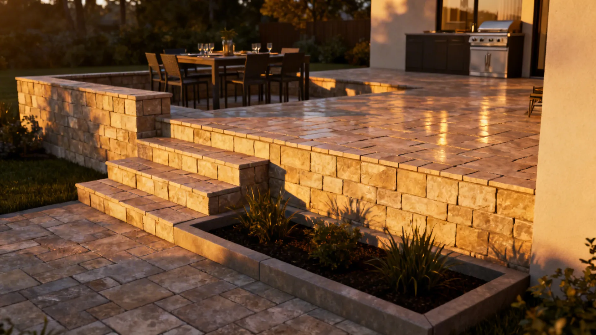 Small multi-level patio with a 6-inch raised paver platform creating a zoned dining nook