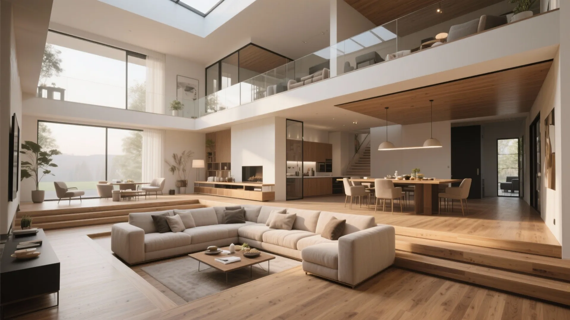 Modern open plan house with sunken sofa wooden floor dining table glass railing and light