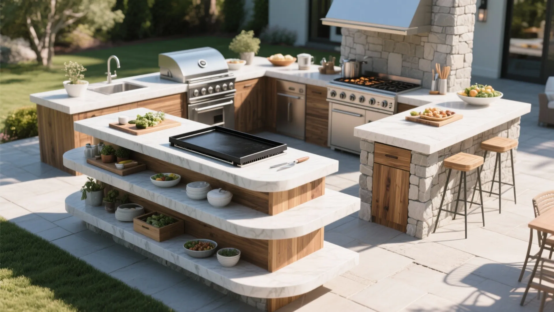 Modern outdoor kitchen with tiered white stone counters wood cabinets grill sink and bar stools