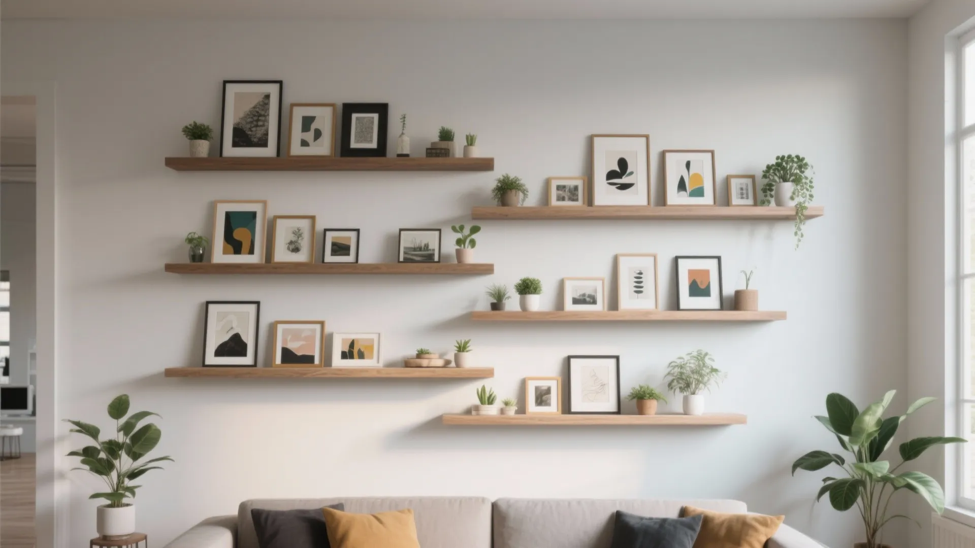 Multi-level picture ledges with framed art and plants