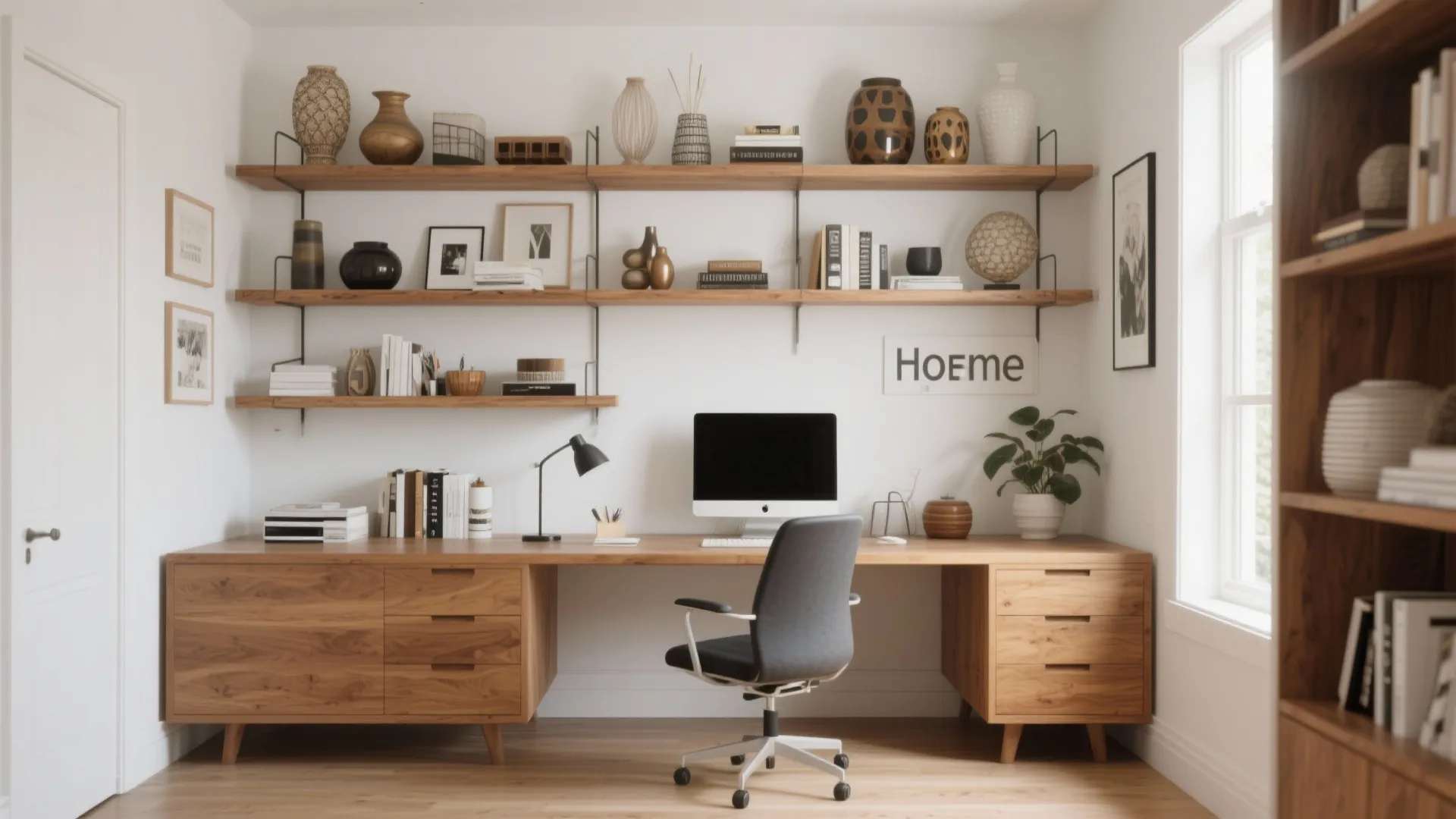 10. Multi-Level Shelving Above Desk