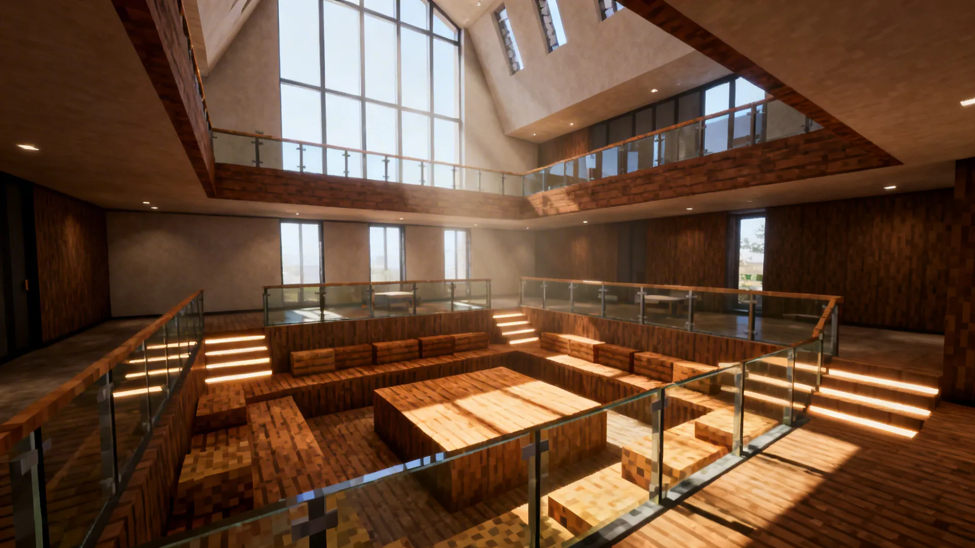 Large modern hall featuring wooden wall panels, glass railings, multi level seating, and big windows