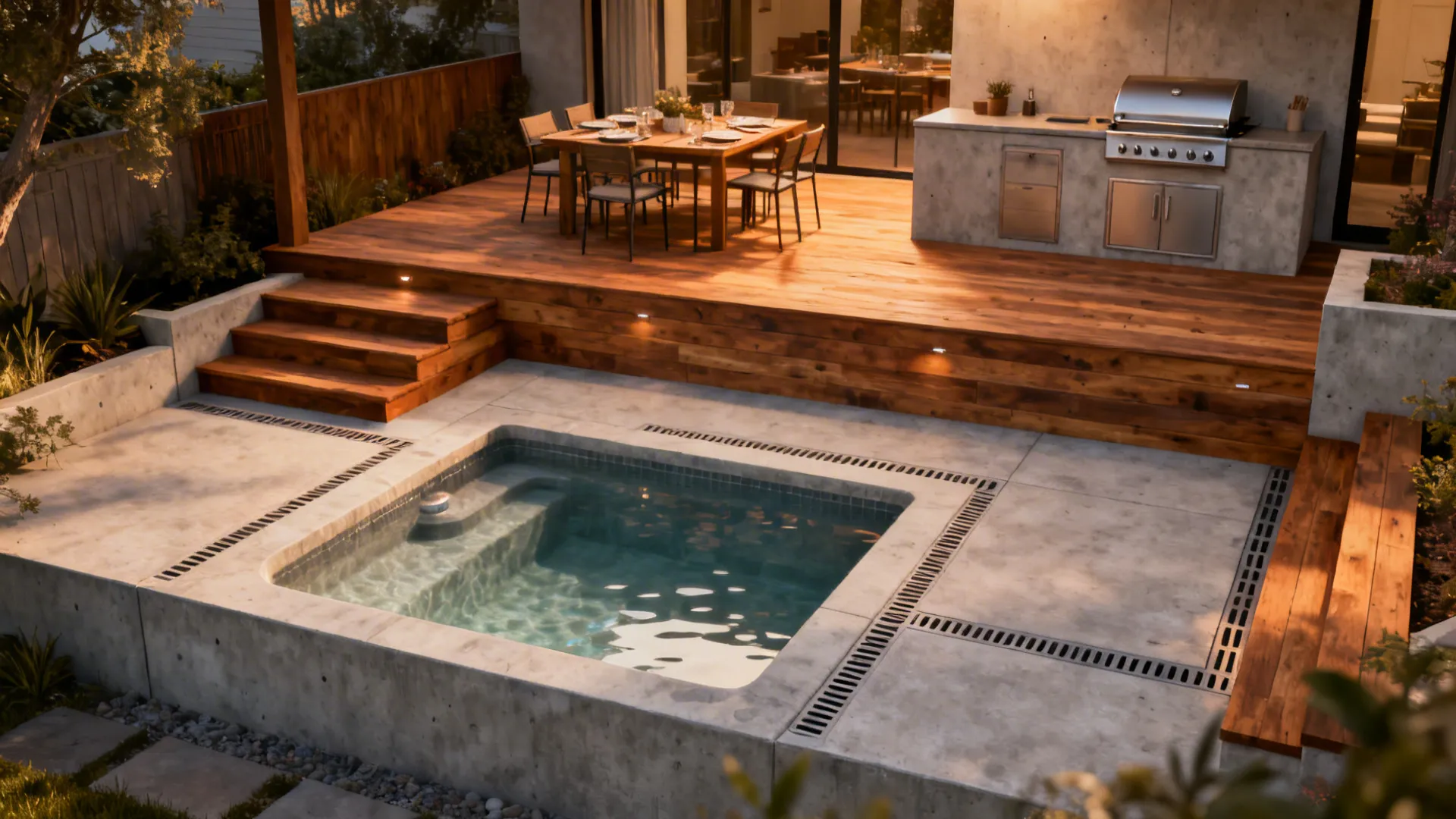 Multi-level deck with sunken soak pool and upper dining area in warm afternoon light.