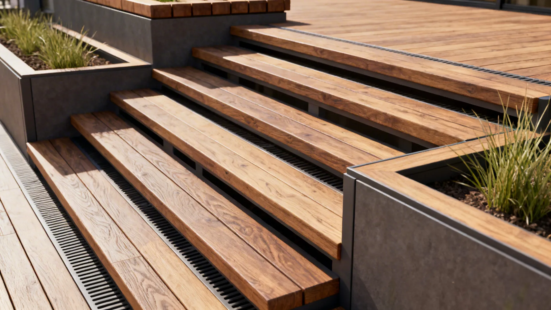 Wide shallow deck steps serving as seating and planter platforms with visible wood grain.