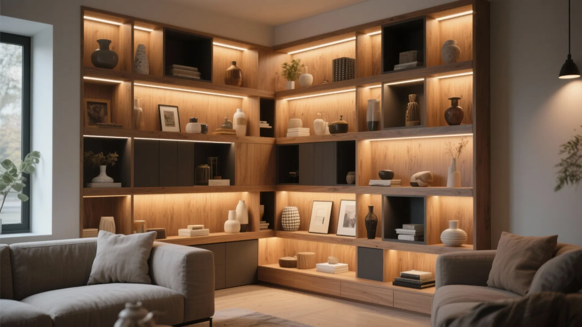 Corner wooden cabinet with built in light fixture strips displaying various decorative vases and books