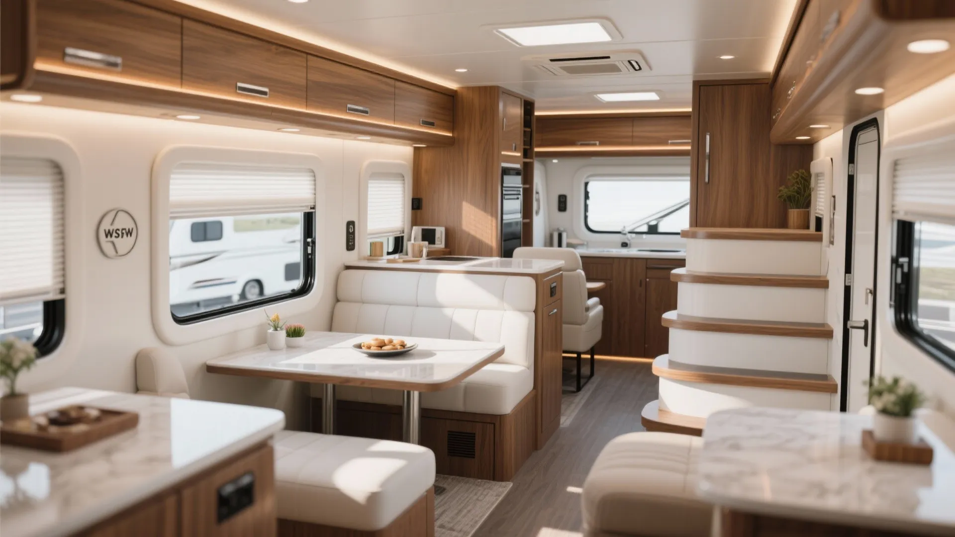 Luxury camper interior with white leather seats wood cabinets marble counters and multi level design
